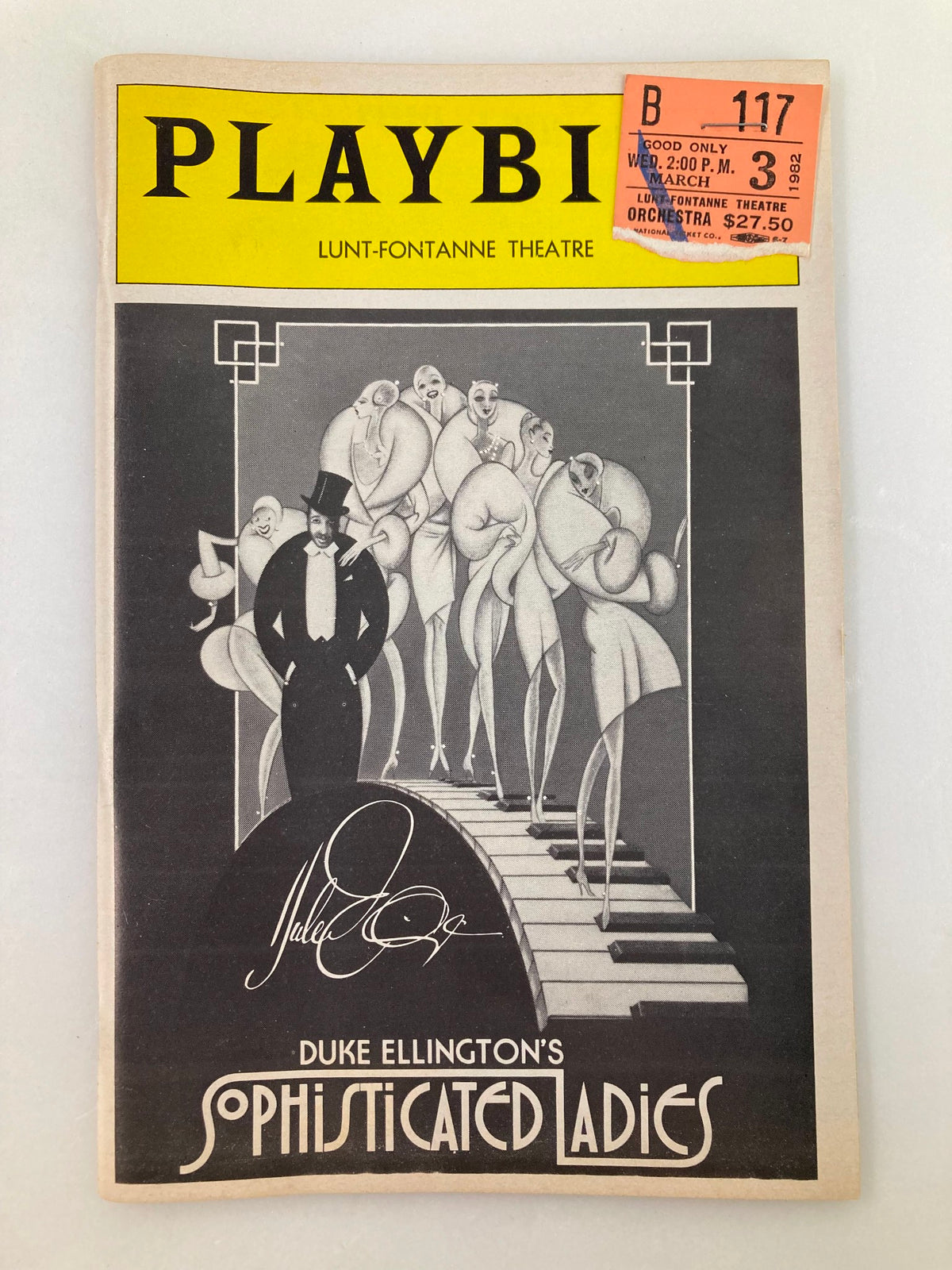 Vintage 1982 Playbill from Lunt-Fontanne Theatre featuring Duke Ellington's Sophisticated Ladies, showcasing iconic performance artwork and an original ticket stub.