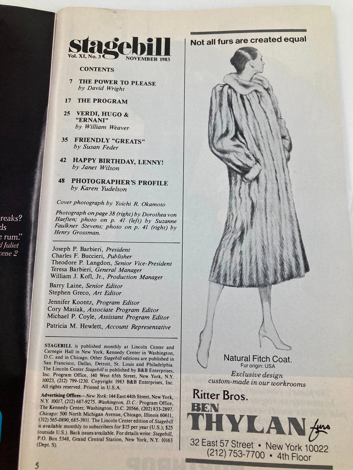 Interior page of the November 1983 Stagebill with contents list and advertisements, part of the collectible issue for Giacomo Puccini's La Boheme.