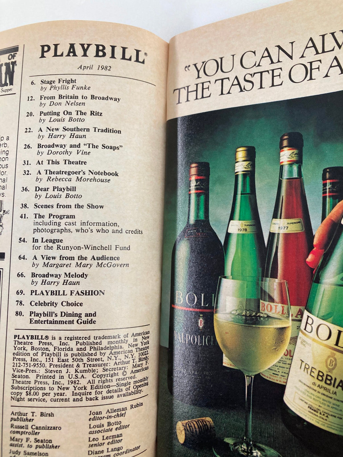 Interior page of the 1982 Playbill for The Dresser, highlighting advertisements and contents including wine brands and theater articles.