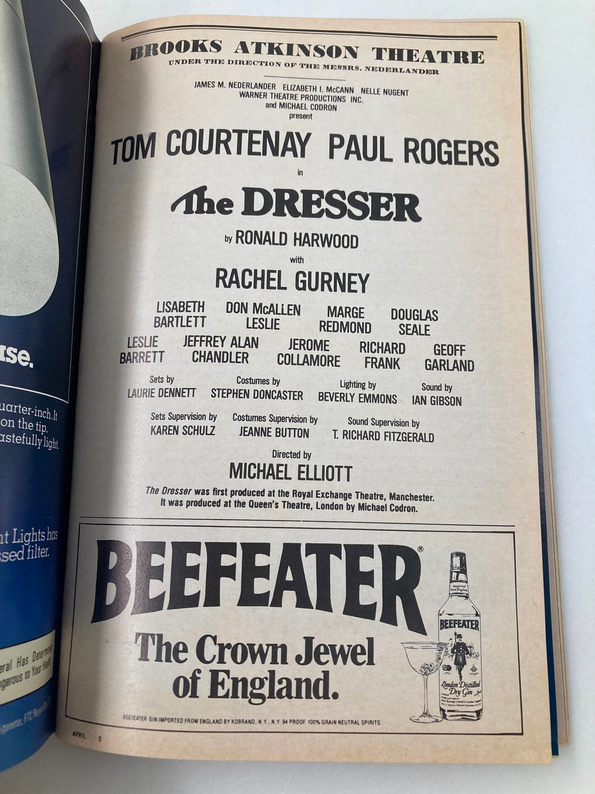 Another interior page of the 1982 Playbill for The Dresser, featuring cast and crew details along with sponsor advertisement for Beefeater gin.