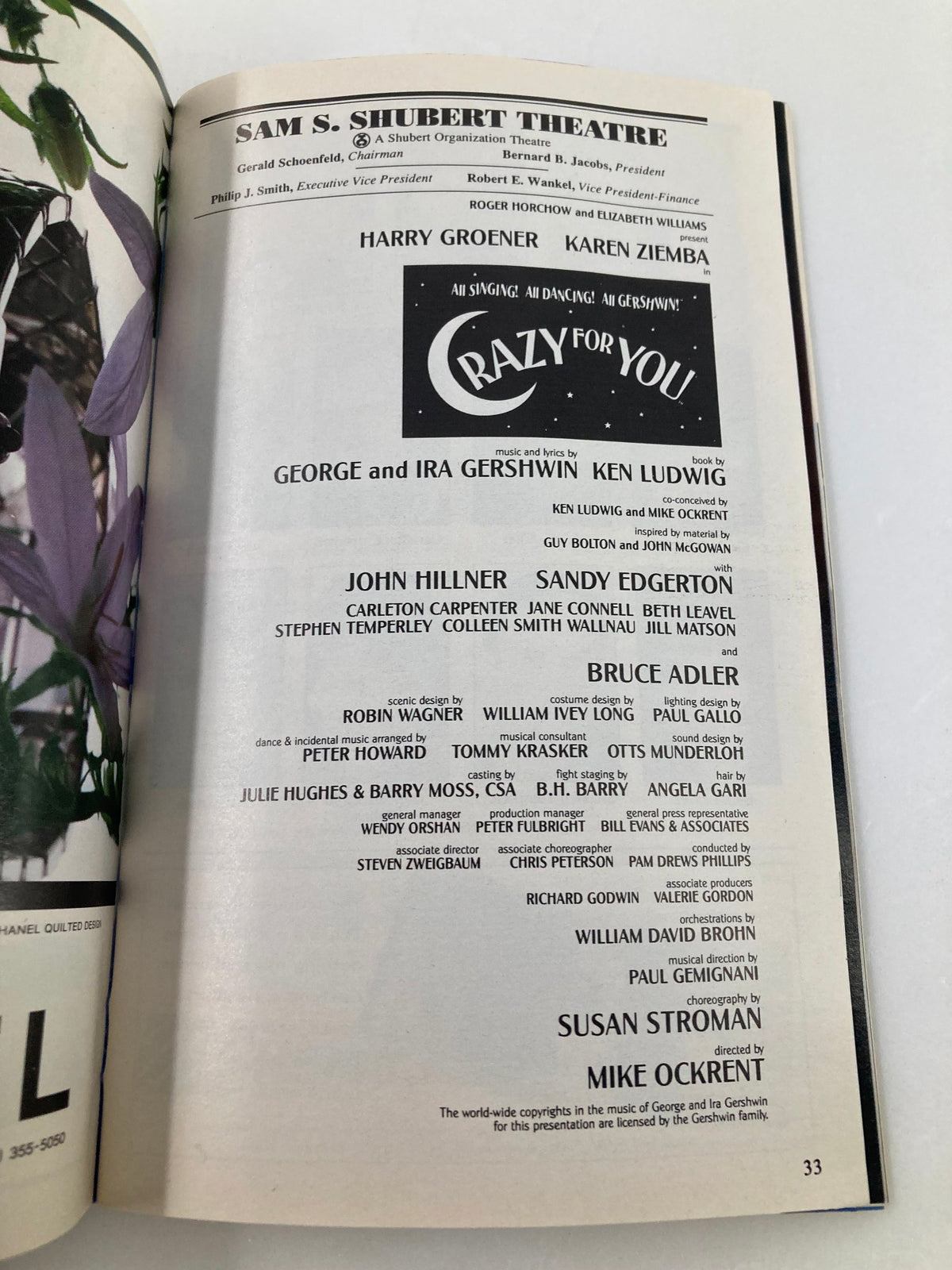 Cast list page of the 1994 Playbill for Crazy for You featuring Harry Groener and Karen Ziemba.