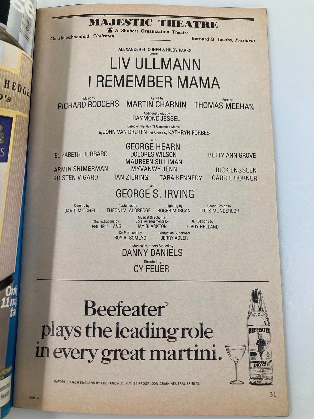 1979 Playbill Majestic Theatre showcasing the cast of I Remember Mama, featuring Liv Ullmann and George Irving, along with production credits in a vintage Broadway format.