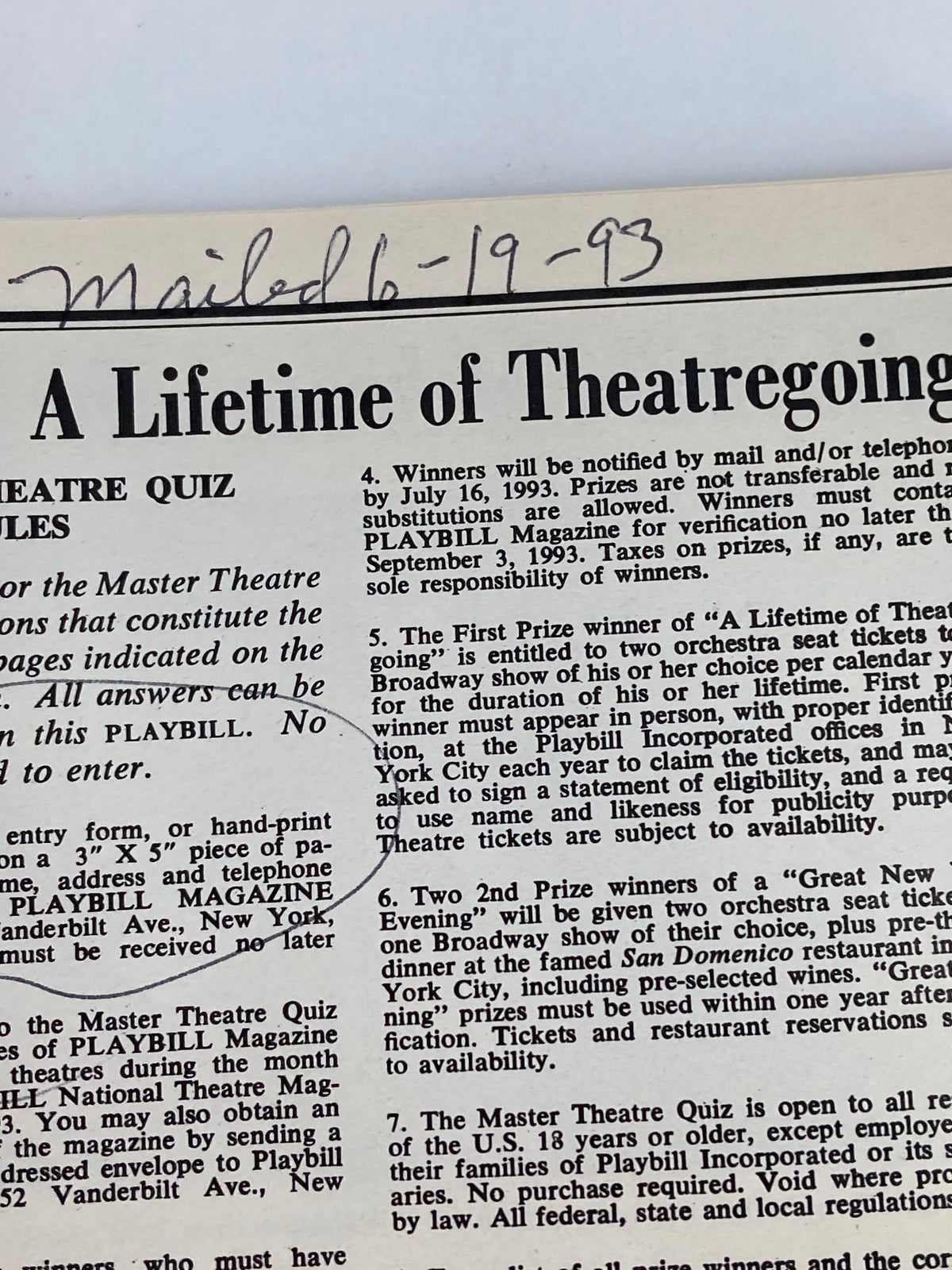 Back cover of the 1993 Playbill from Palace Theatre featuring hand-written note, showcasing a lifetime of theatregoing quiz details.
