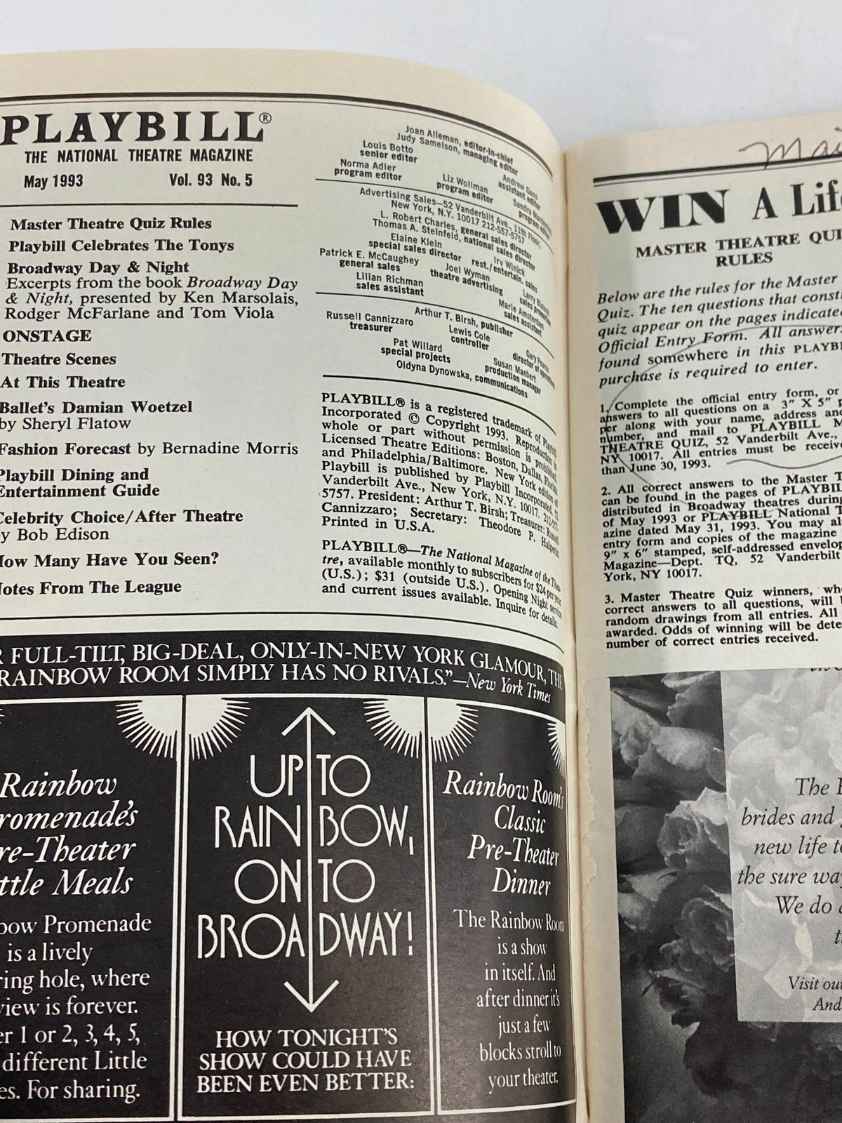 Inside page of the 1993 Playbill from Palace Theatre, highlighting various theatre events and announcing the Tony Awards, including the production of Will Rogers Follies.