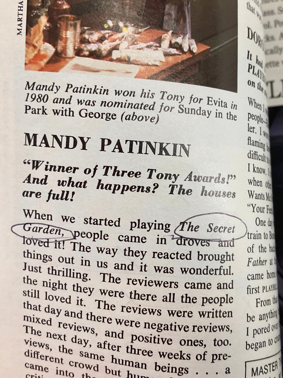 Highlight featuring Mandy Patinkin in the 1993 Playbill from Palace Theatre discussing his Tony-winning role and the popularity of The Secret Garden.