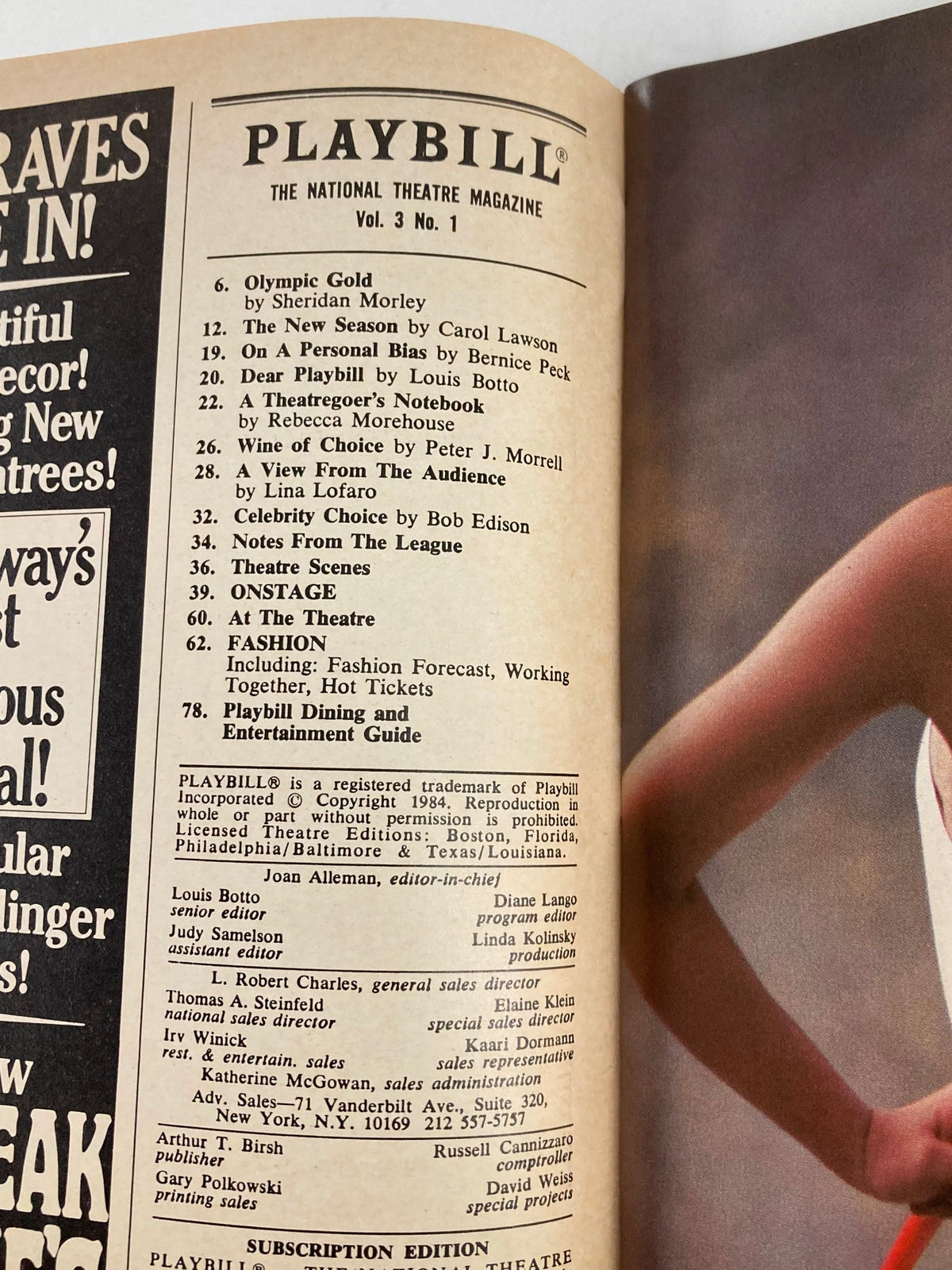 Interior page of the 1984 Playbill for 'Dreamgirls' listing articles and features, including a table of contents.