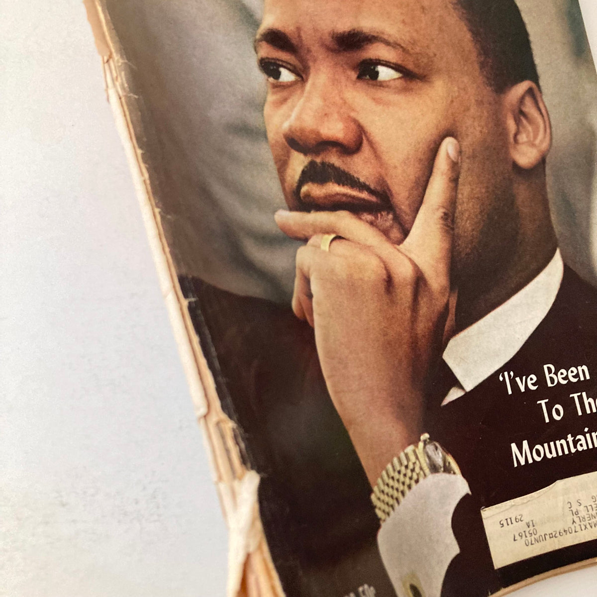 Close-up of the cover of VTG Ebony Magazine May 1968 featuring Martin Luther King Jr. and the title 'I've Been To The Mountaintop'.