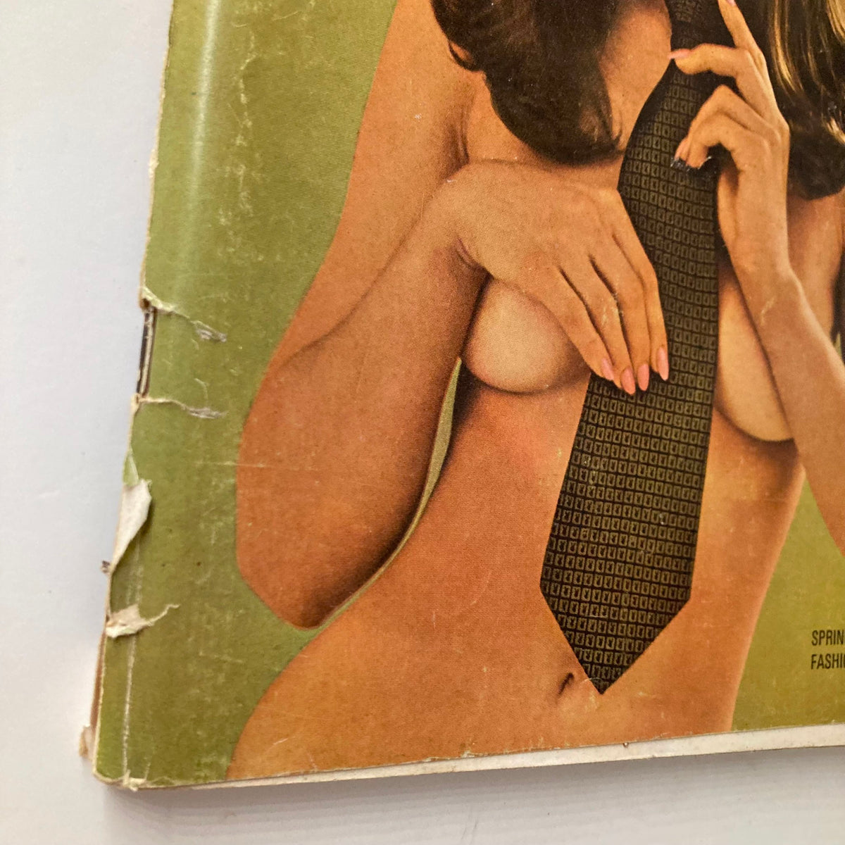 Side view of the VTG Playboy Magazine April 1969 cover featuring Playmate Lorna Hopper, focusing on the magazine's vintage design and aesthetics.