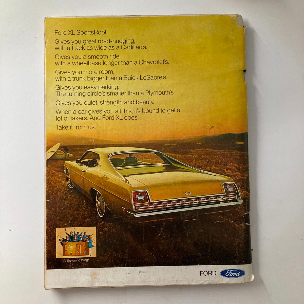 Back cover of the VTG Playboy Magazine April 1969, featuring a vintage Ford XL advertisement against a scenic background.