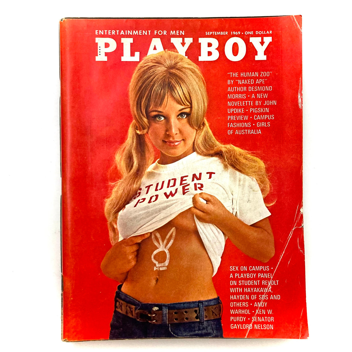 Cover of VTG Playboy Magazine September 1969 featuring Playmate Shay Knuth, showcasing a vibrant design with the title, 'Student Power,' and an iconic Playboy logo.