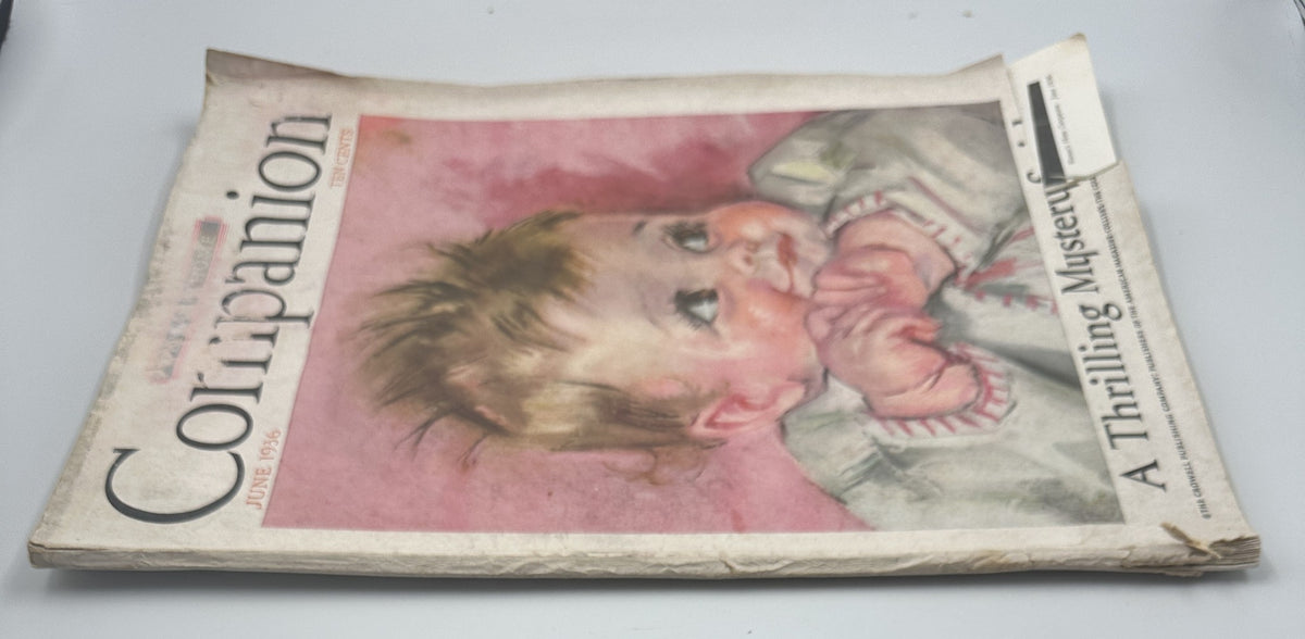 Alternate view of the June 1936 Woman’s Home Companion Magazine cover with a baby image and the tagline 'A Thrilling Mystery Stories'.