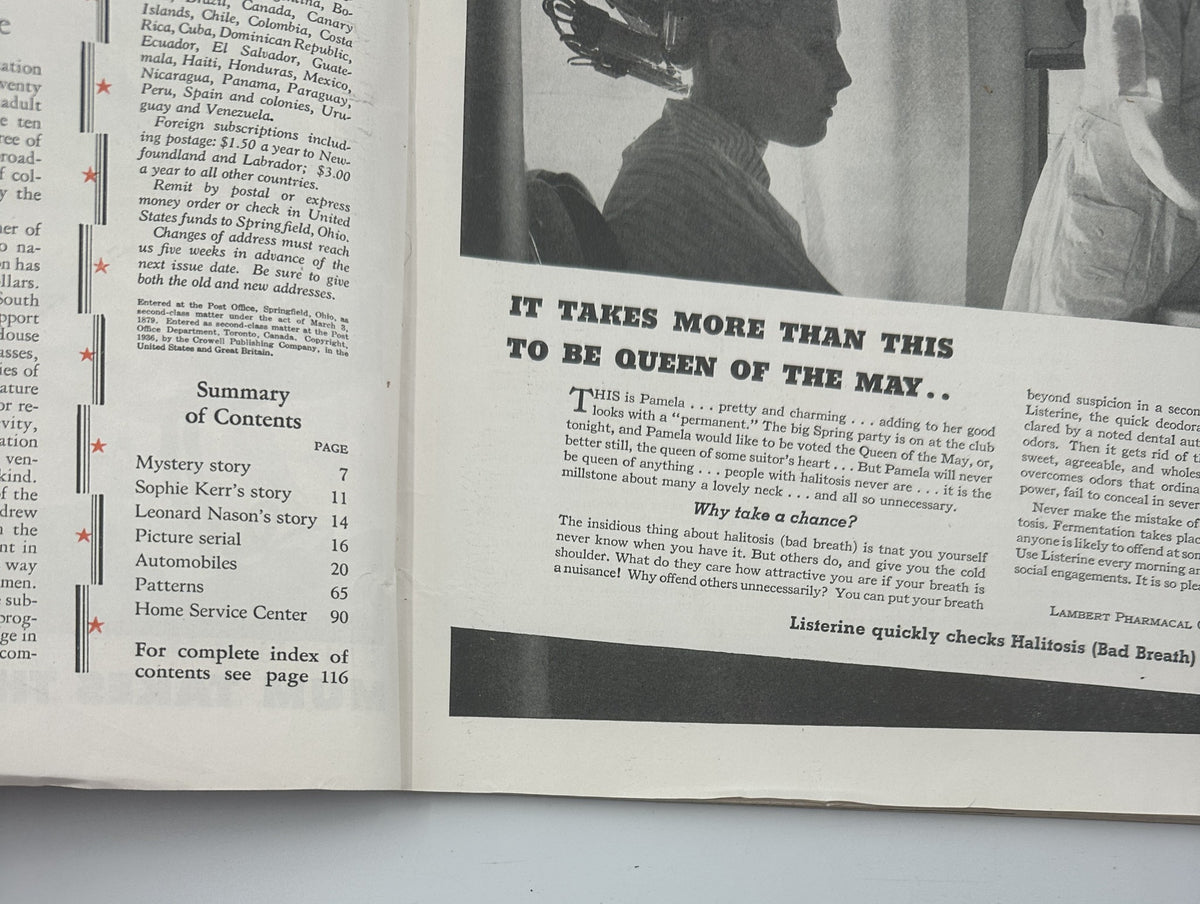 Inside page of Woman’s Home Companion Magazine, June 1936 showing the Table of Contents including a summary of mystery stories and articles by Sophie Kerr and Leonard Nason.