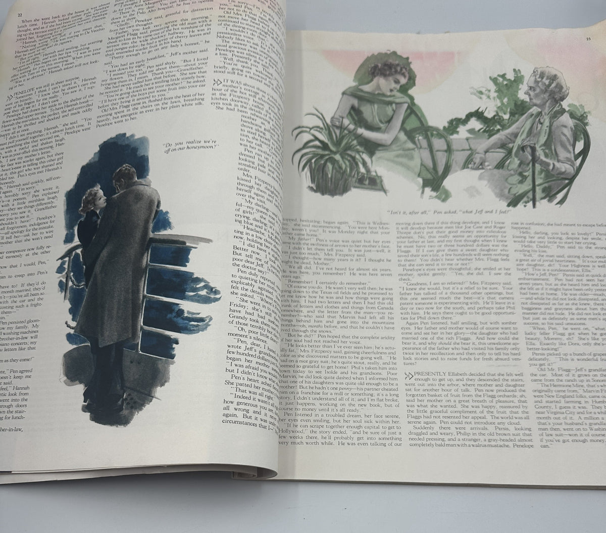 Two pages of Woman’s Home Companion Magazine June 1936 featuring artistic illustrations and articles, emphasizing the magazine's content diversity.