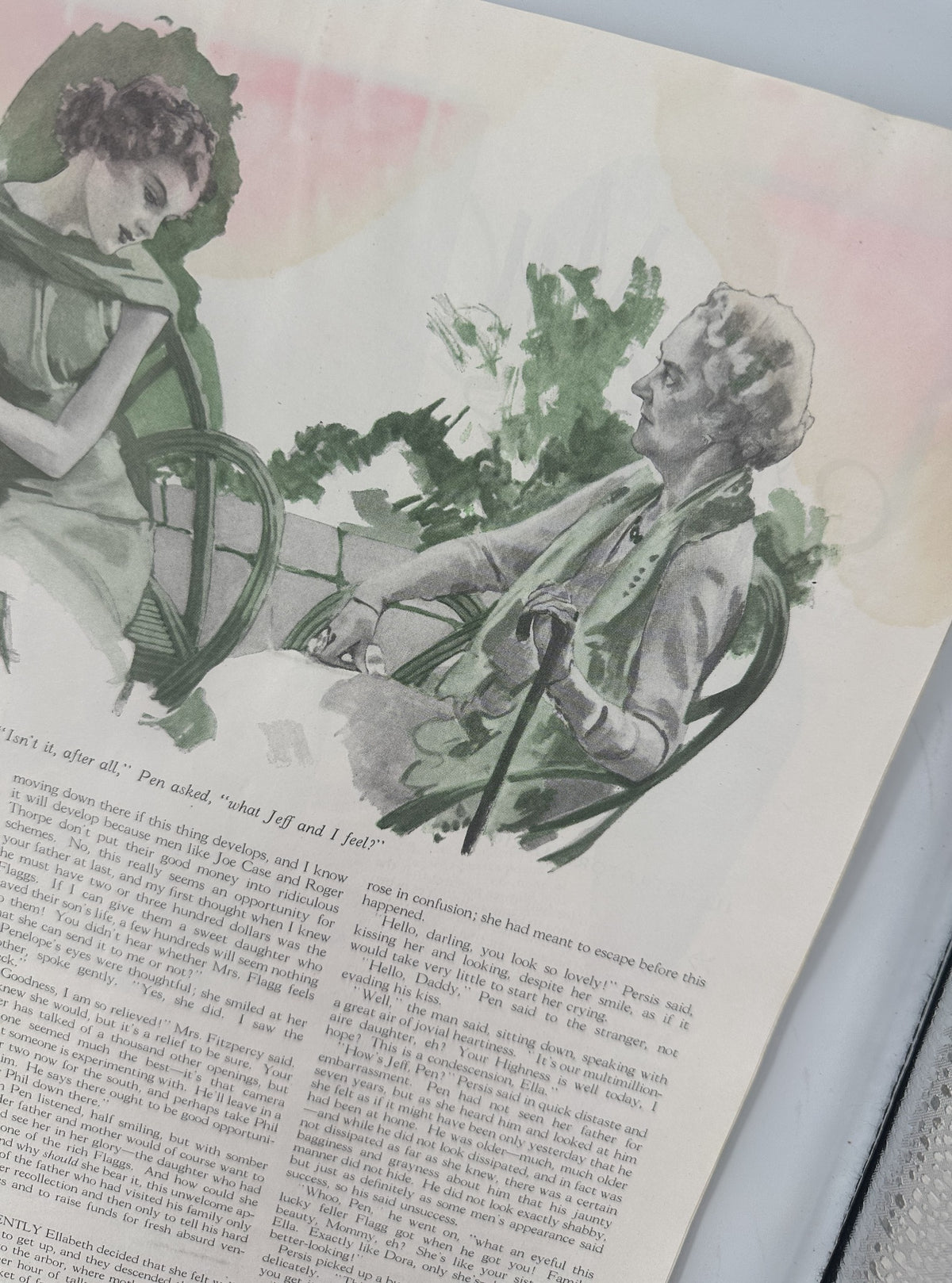 Close-up of an illustration in Woman’s Home Companion Magazine June 1936, showing women in conversation, representing the magazine's rich storytelling.