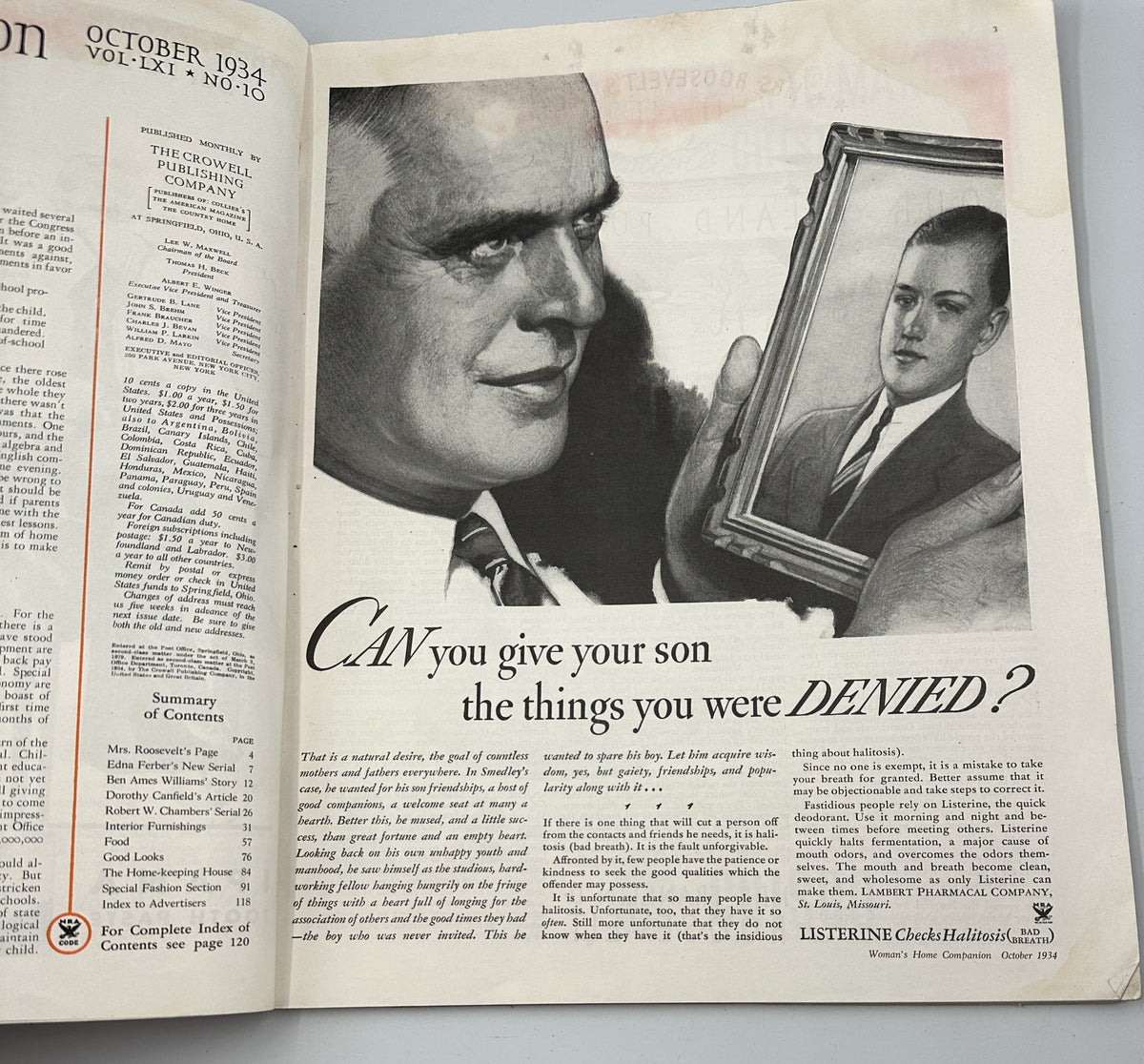 Interior page of Woman’s Home Companion Magazine October 1934 displaying an advertisement with a man holding a framed portrait, discussing aspirations and opportunities.