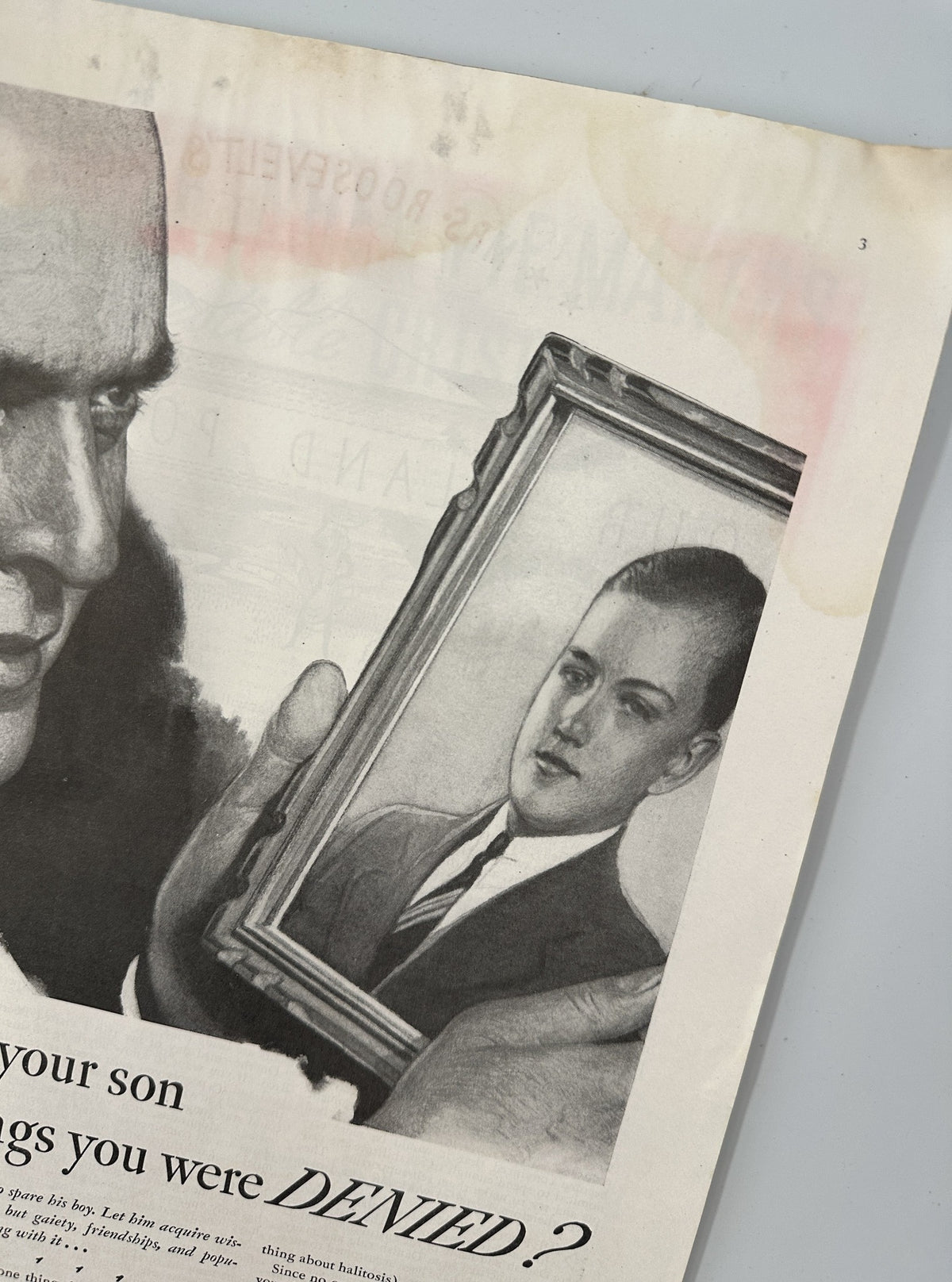 Close-up of an advertisement from Woman’s Home Companion Magazine October 1934 featuring a man presenting a framed photo in a reflective conversation about life's possibilities.