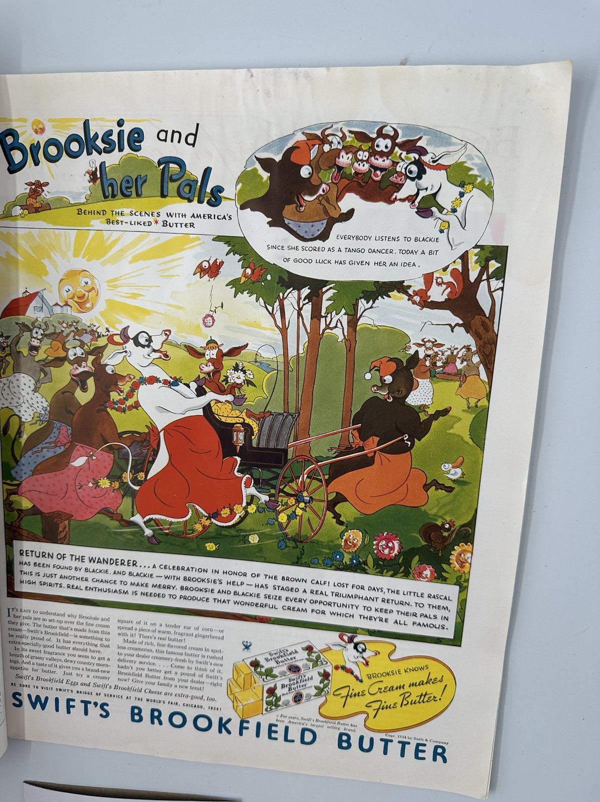 Vintage advertisement for Swift's Brookfield Butter featuring whimsical characters from the comic 'Brooksie and her Pals'. This image is part of Woman’s Home Companion Magazine October 1934.