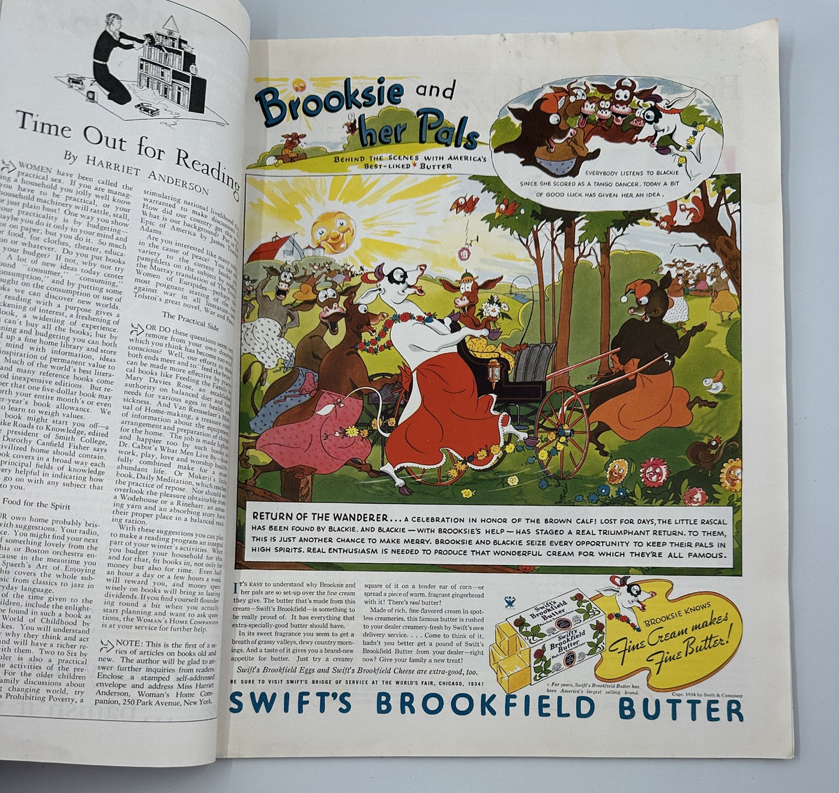 Another angle of the advertisement for Swift's Brookfield Butter showcasing charming illustrations of animals and characters. Featured in Woman’s Home Companion Magazine October 1934.