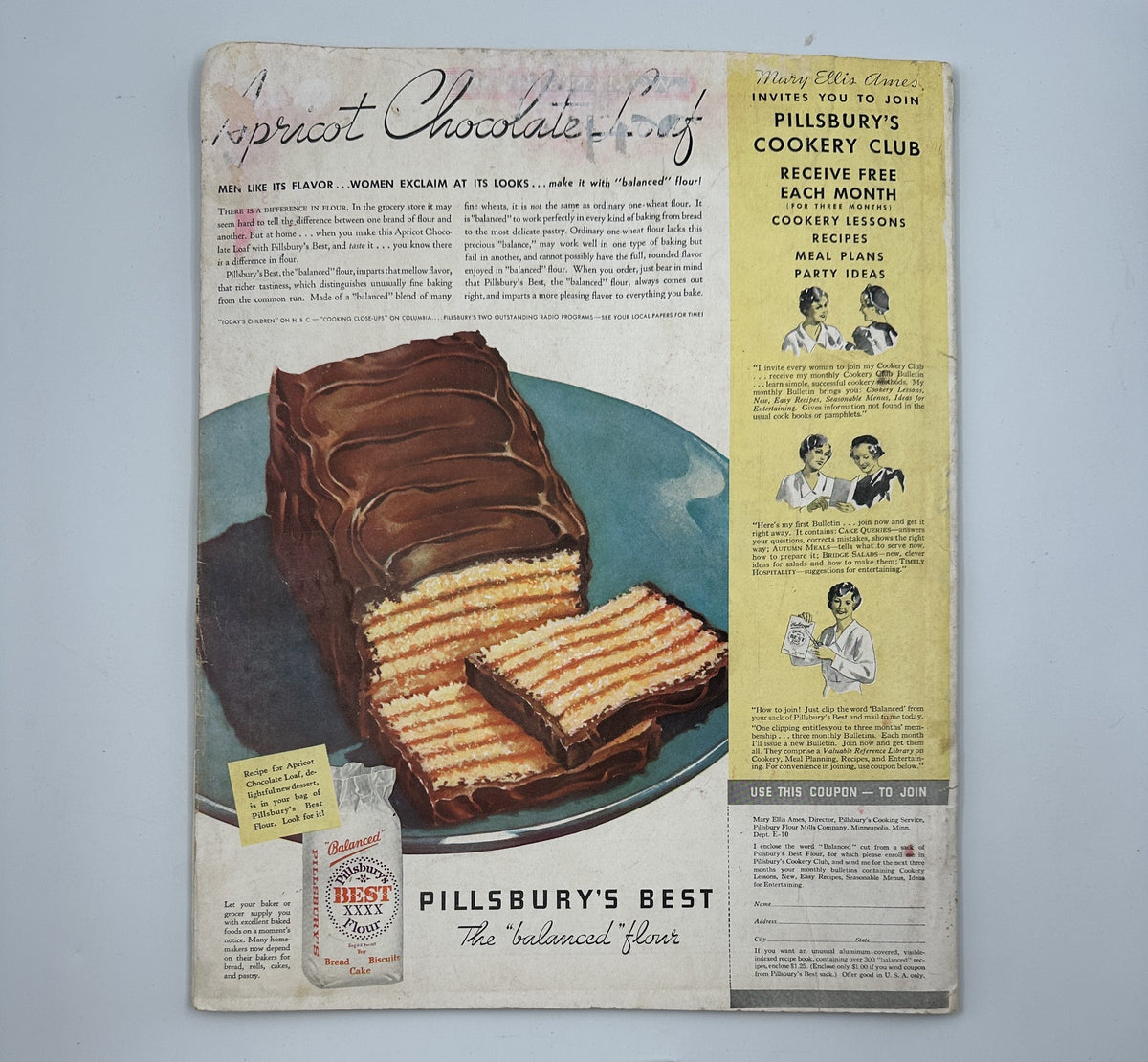 Pillsbury's Best advertisement featuring a mouthwatering image of apricot chocolate cake, inviting readers to join the Pillsbury Cookery Club. Seen in Woman’s Home Companion Magazine October 1934.