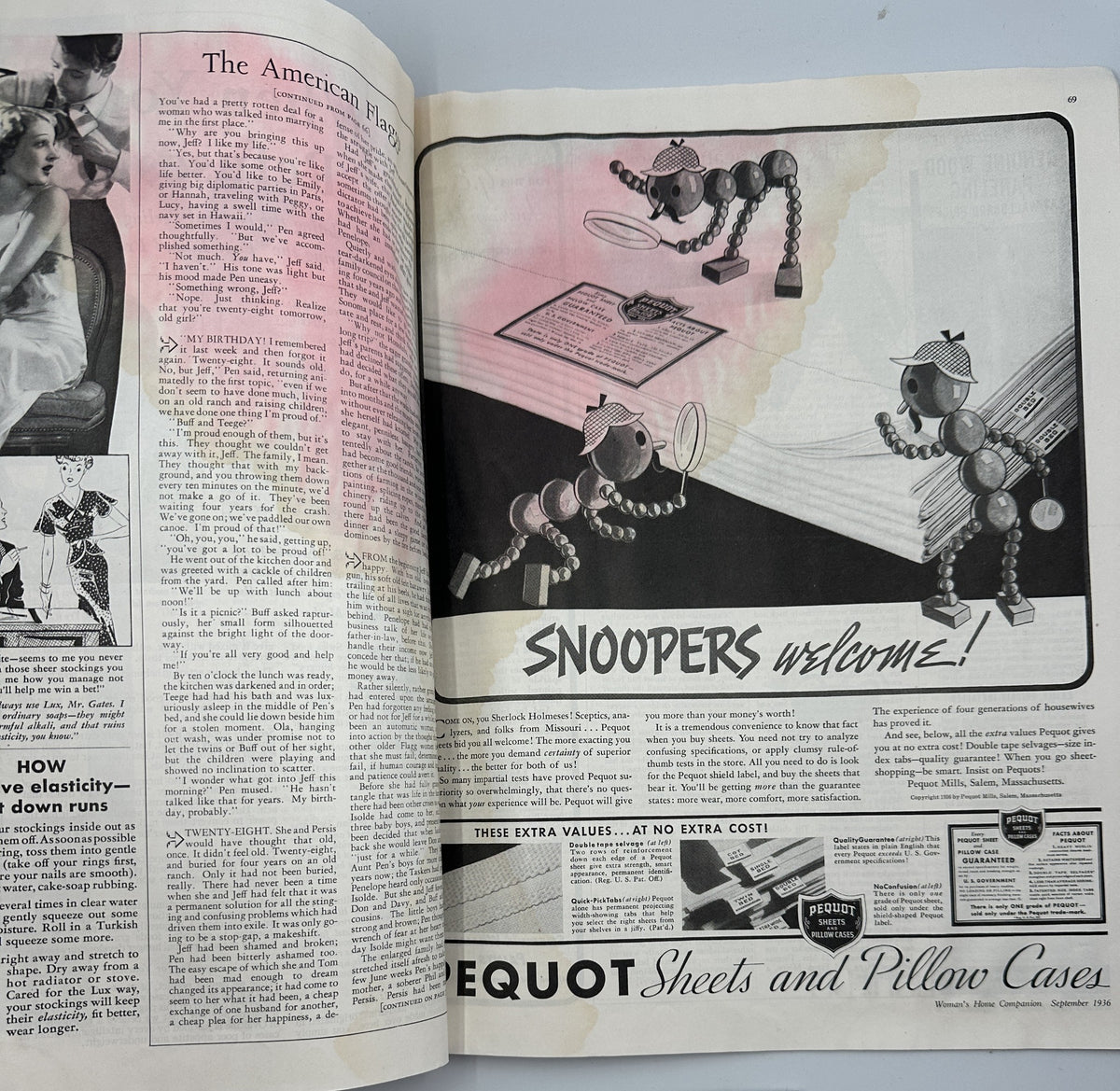 Inside page of Woman’s Home Companion Magazine September 1936 featuring an advertisement for Snoopers, illustrated with robot-like characters and showcasing a fun design.