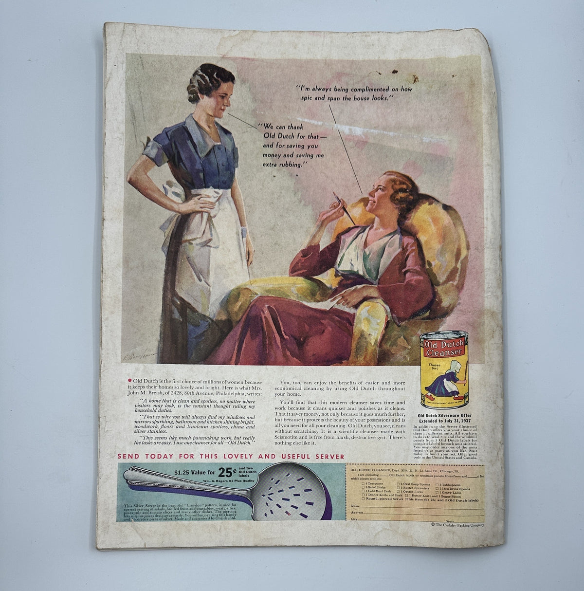Back cover of Woman’s Home Companion Magazine September 1936 depicting a woman offering refreshments, promoting Old Dutch Cleanser with a vibrant illustration.