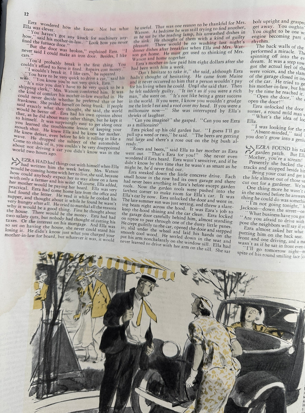 Story excerpt from Woman’s Home Companion Magazine June 1935 including an illustration of two characters discussing near a car, representing the magazine's storytelling and artistic style.