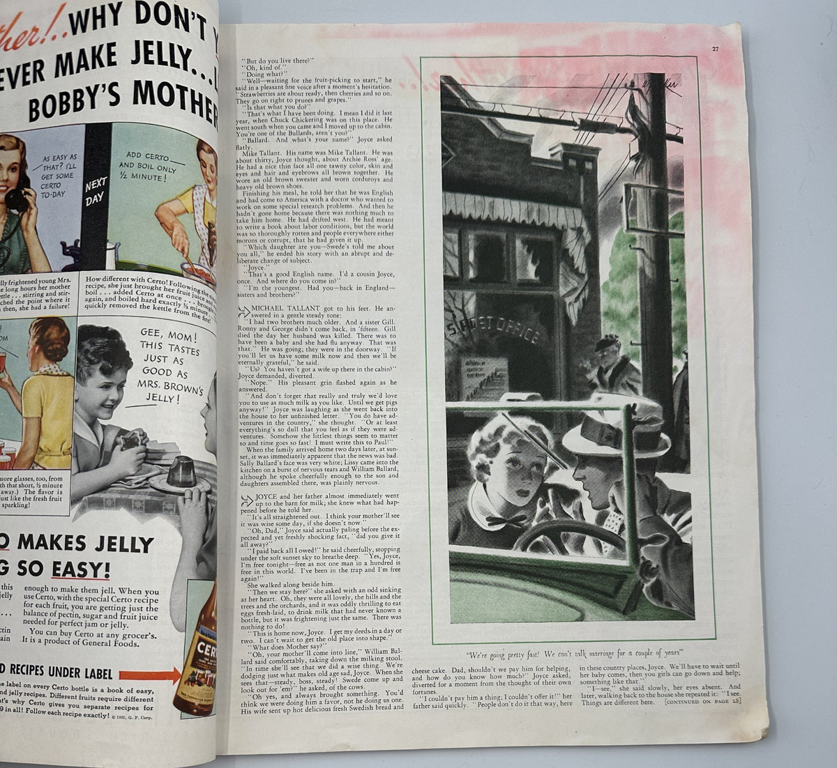 Illustration from Woman’s Home Companion Magazine June 1935 showing a woman in a car gazing out in contemplation, reflecting the magazine’s focus on everyday life and emotions.