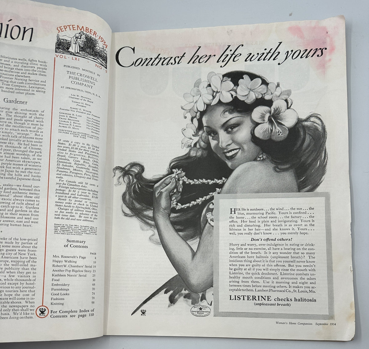 Interior page of Woman’s Home Companion Magazine September 1934 highlighting an advertisement for Listerine, featuring a woman with flowers in her hair, promoting beauty and wellness.