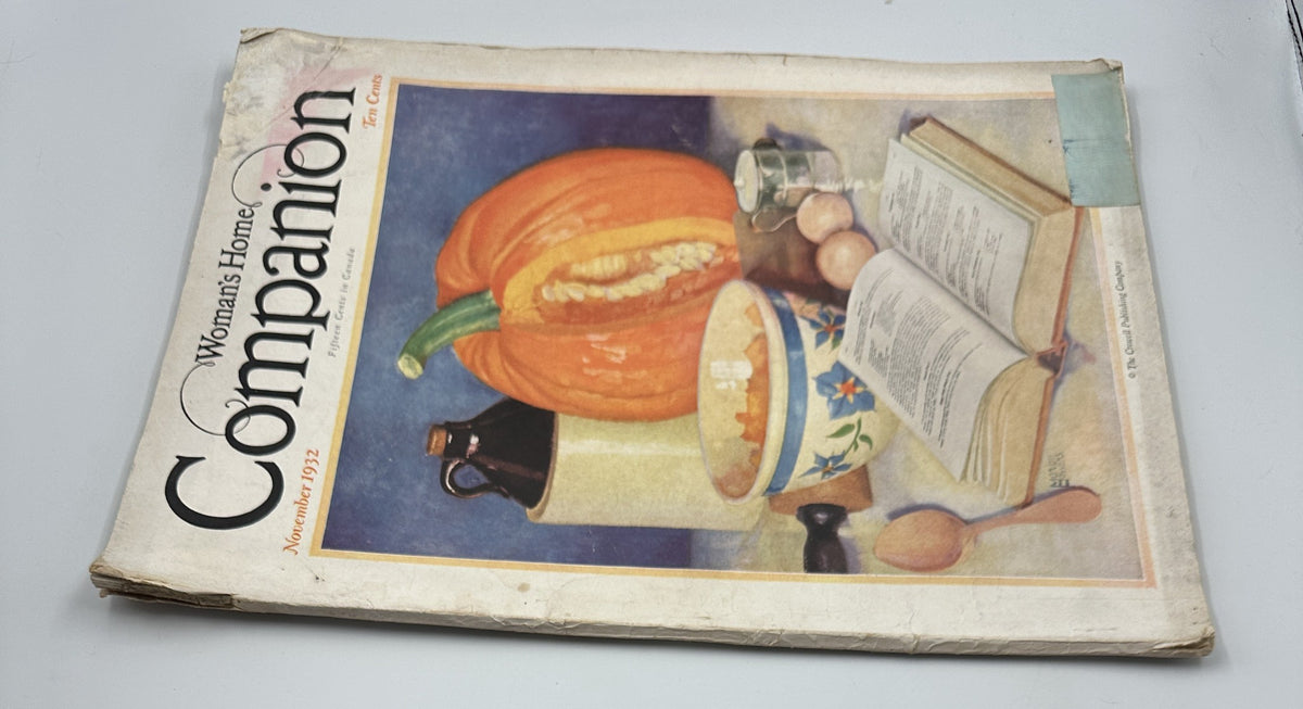 Another angle of the cover of Woman’s Home Companion Magazine November 1932 showcasing a pumpkin and recipes, emphasizing its vintage design.