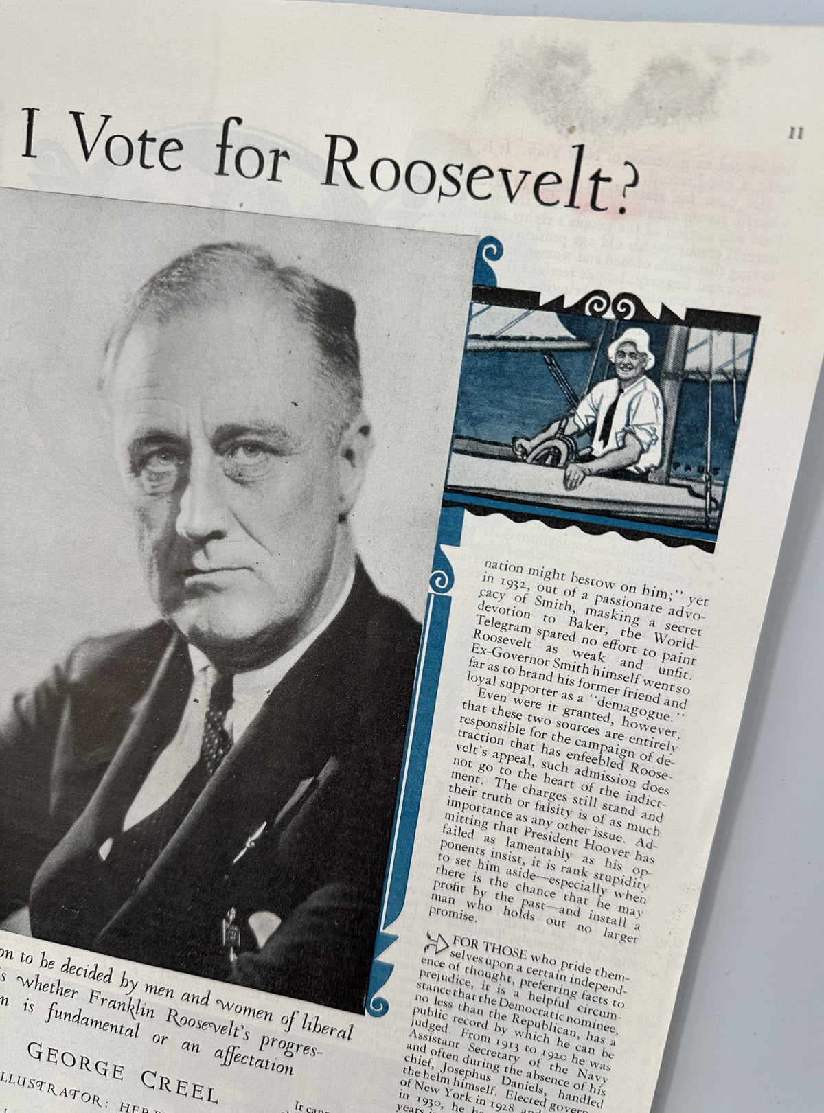 Black and white illustration featuring George Creel and text titled 'Shall I Vote for Roosevelt?' from the Woman’s Home Companion Magazine November 1932. This page discusses political opinions and voting decisions.
