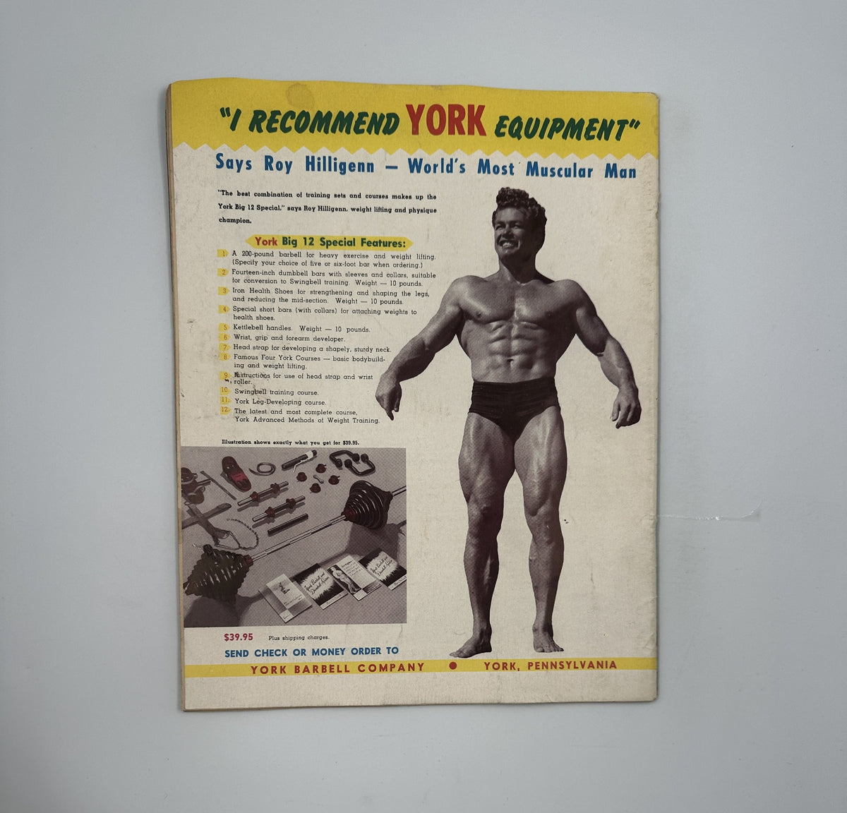 Back cover of Strength and Health Magazine October 1953 featuring an advertisement for York equipment with a muscular man promoting fitness products.