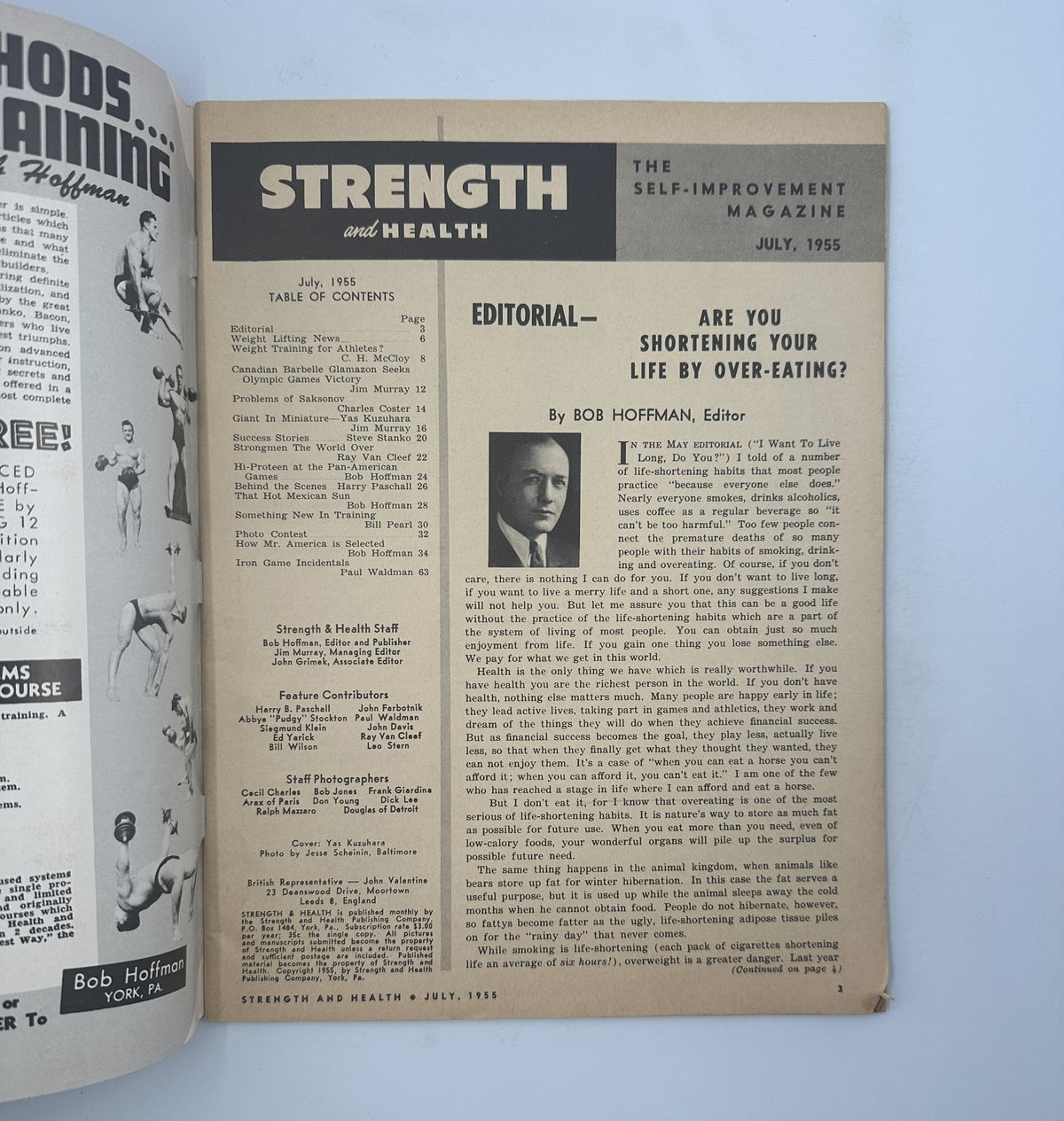 Interior page of Strength and Health Magazine July 1955 displaying the editorial section by Bob Hoffman, discussing topics related to health, fitness, and nutrition.