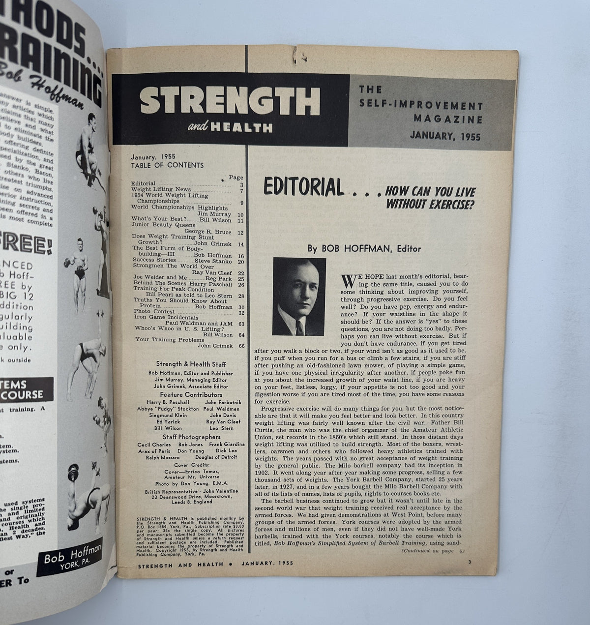 Editorial page from Strength and Health Magazine January 1955 by Bob Hoffman discussing exercise and fitness.