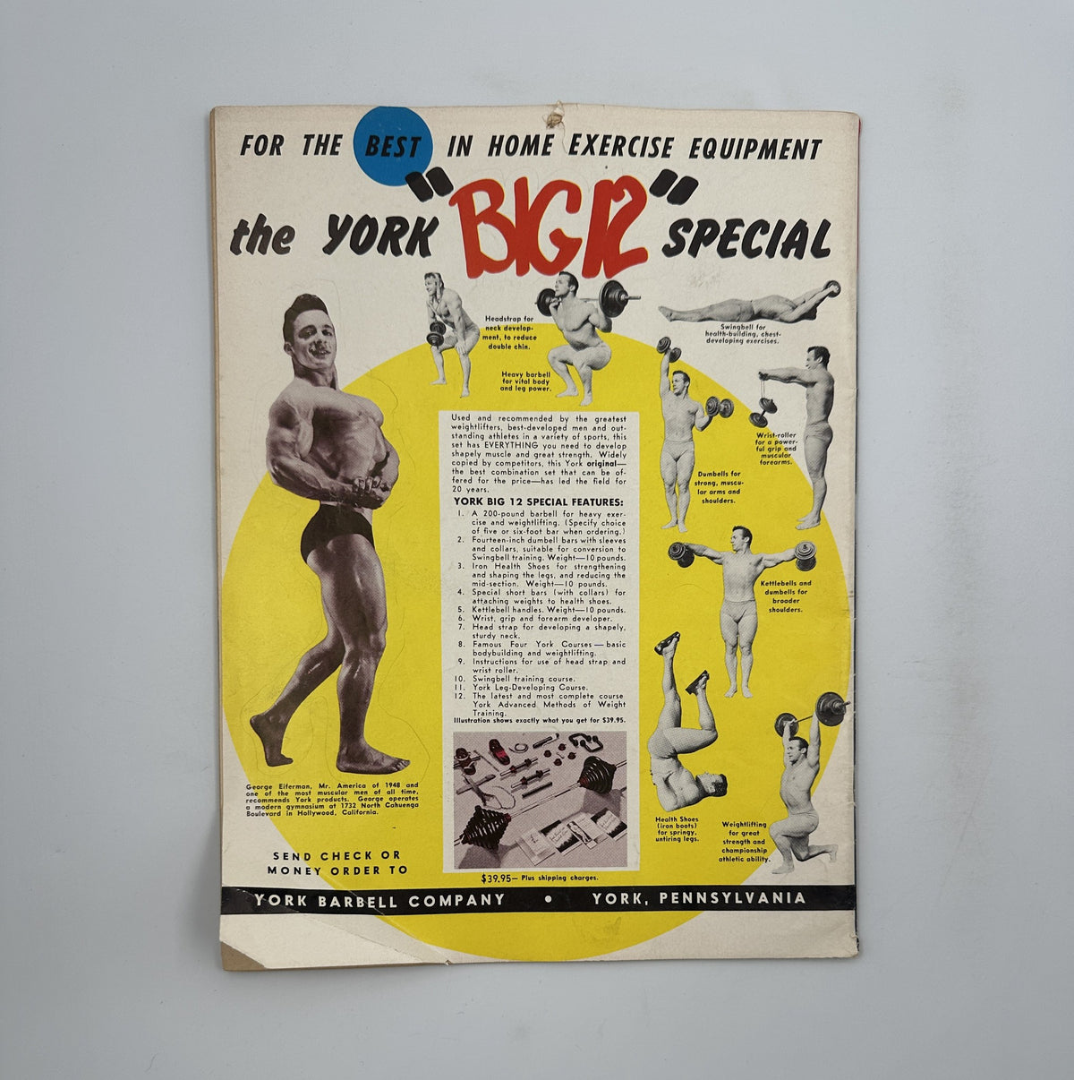 Advertisement for York Barbell Company in Strength and Health Magazine January 1955, promoting home exercise equipment.