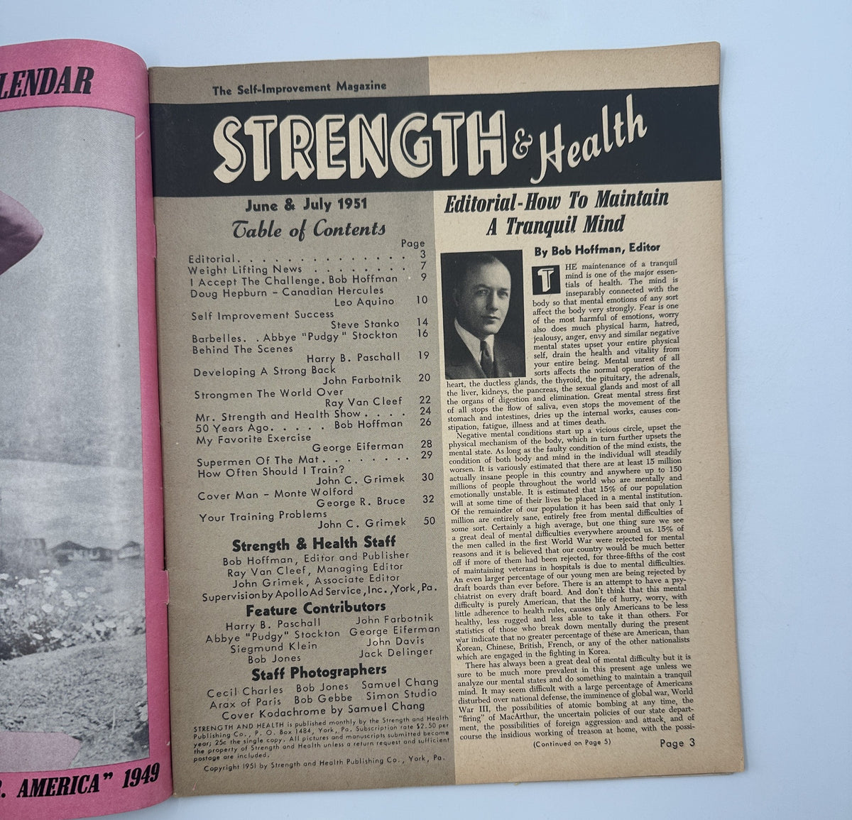 Strength and Health Magazine July 1951 featuring an editorial by Bob Hoffman, the table of contents, and articles on bodybuilding. The magazine showcases a vintage aesthetic with a beige background and highlighted content areas.
