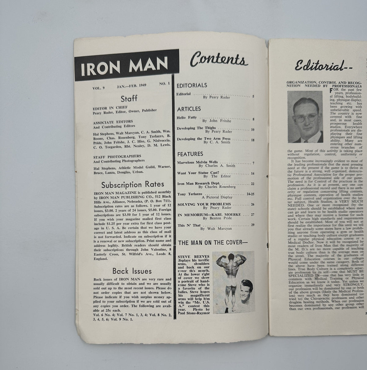 Inside cover of Iron Man Magazine January-February 1949 displaying the Table of Contents, highlighting articles on bodybuilding, fitness, and editorial information.