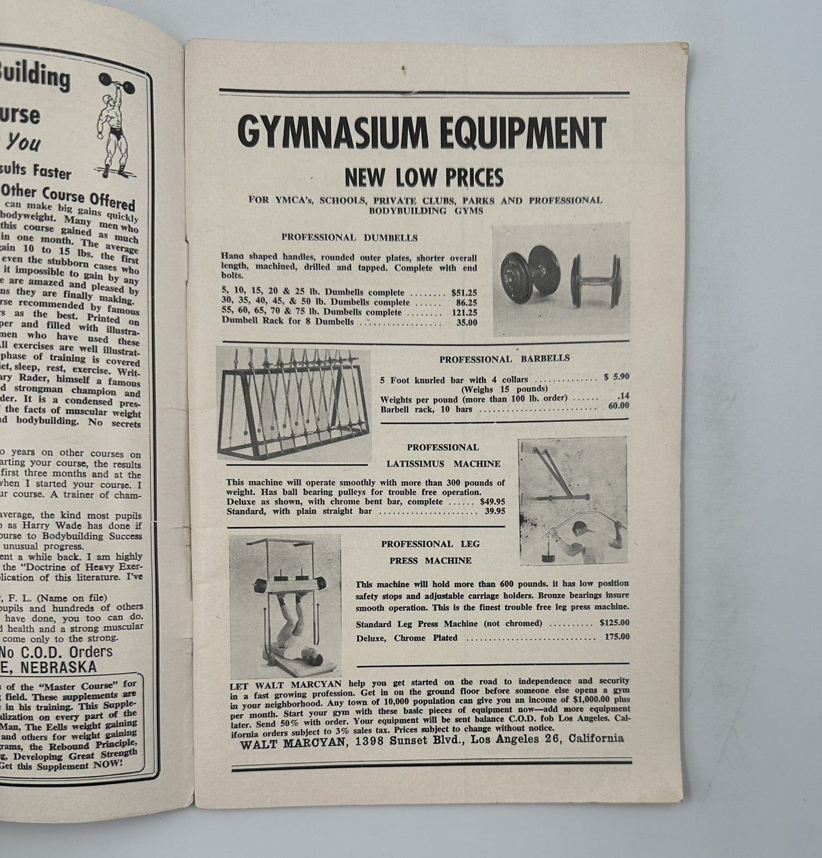 Interior page from Iron Man Magazine March 1954 listing gymnasium equipment with new low prices for professional dumbbells and barbells.