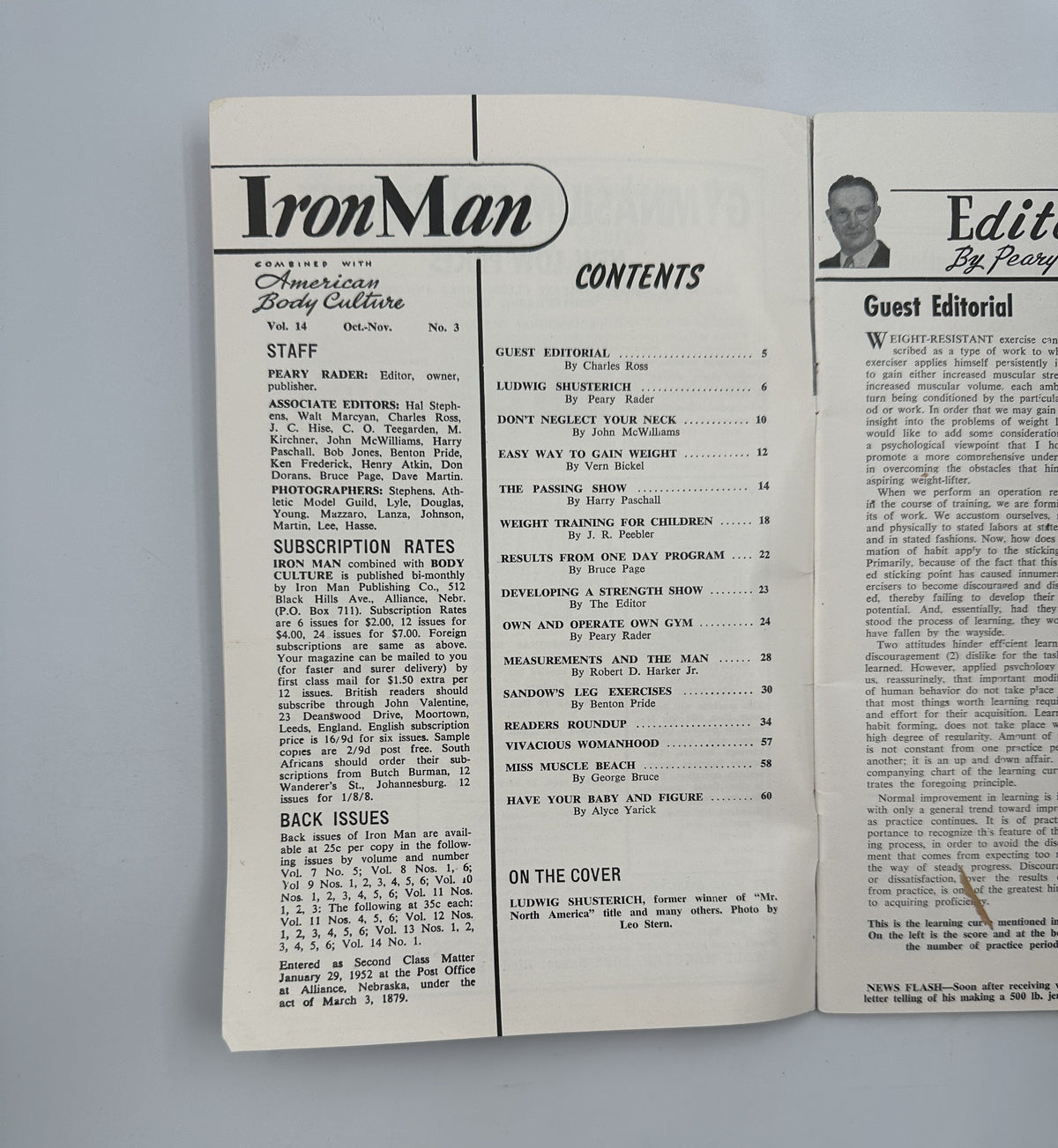 Interior page of Iron Man Magazine November 1952 displaying the table of contents with editorial highlights by Peary Rader.