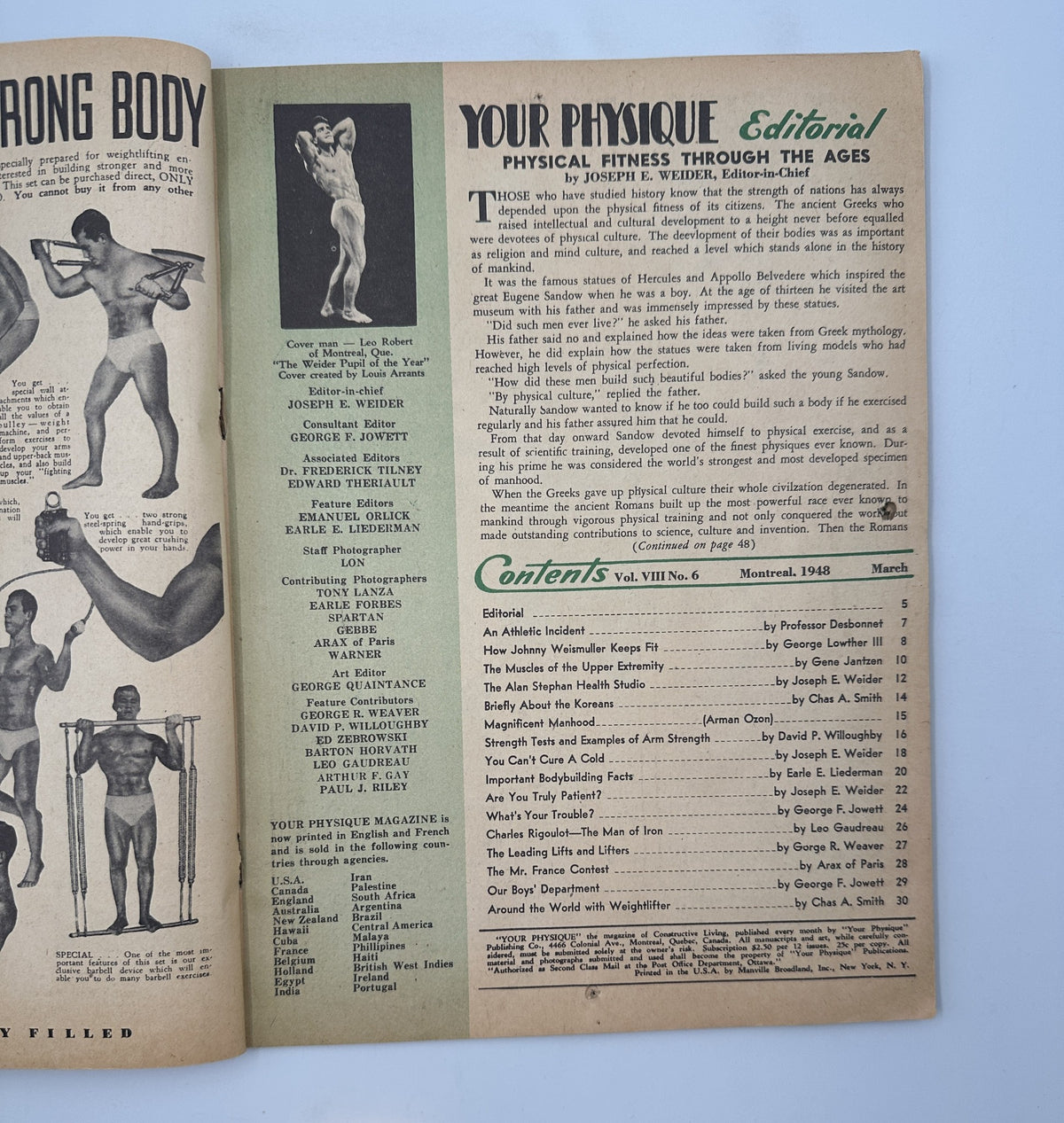 Inside editorial page of Your Physique Magazine March 1948, displaying the Table of Contents and various articles related to bodybuilding and health.