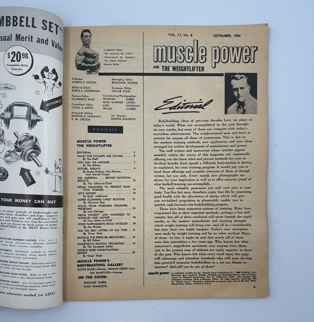 Interior page of Muscle Power Magazine, September 1954, showing the editorial section and table of contents along with an image of Richard Sabre, showcasing key features and articles relevant to bodybuilding and fitness.