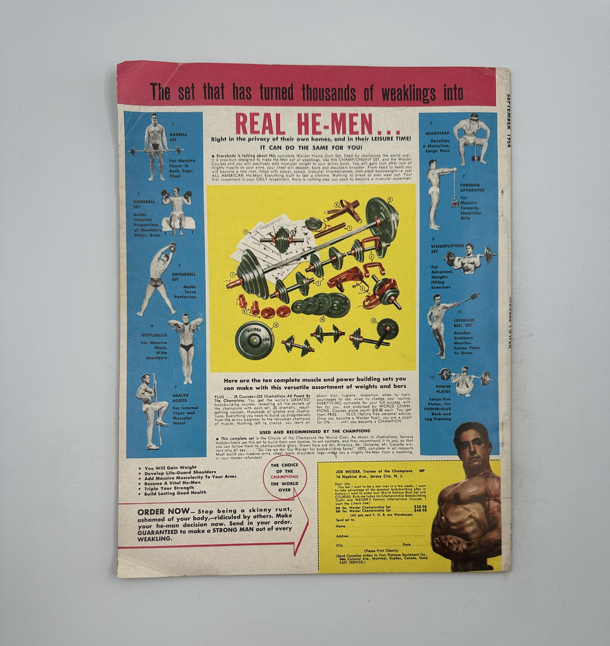 Back cover of Muscle Power Magazine from September 1954, advertising bodybuilding equipment and routines, highlighted by vibrant graphics and a call to action for potential customers.