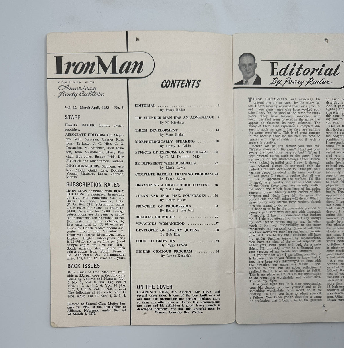 Iron Man Magazine April 1953 featuring editorial content and table of contents with contributions from various authors, presented in readable condition.