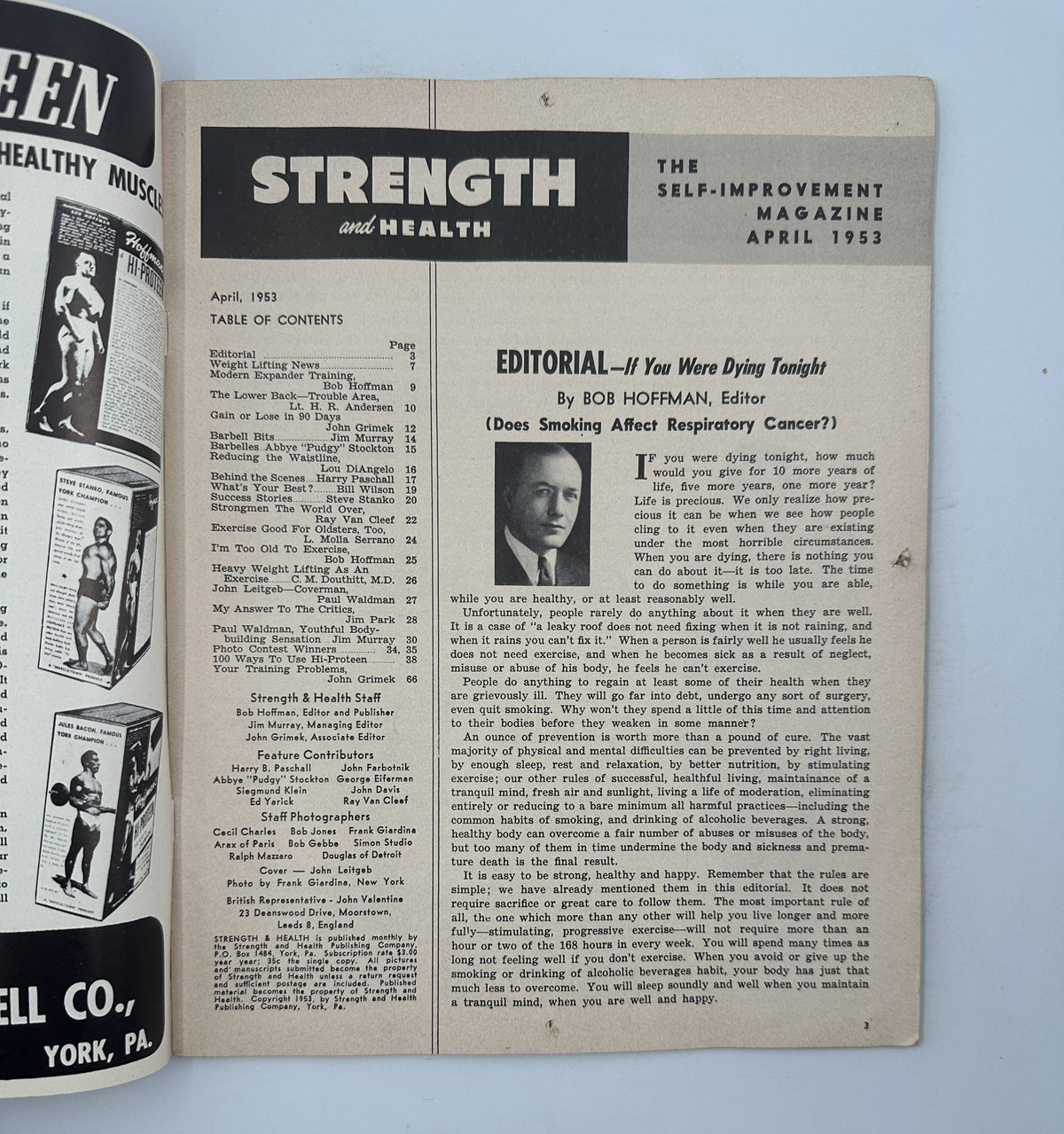 Inside page of Strength and Health Magazine April 1953 displaying the editorial content by Bob Hoffman, editor with insights on health.