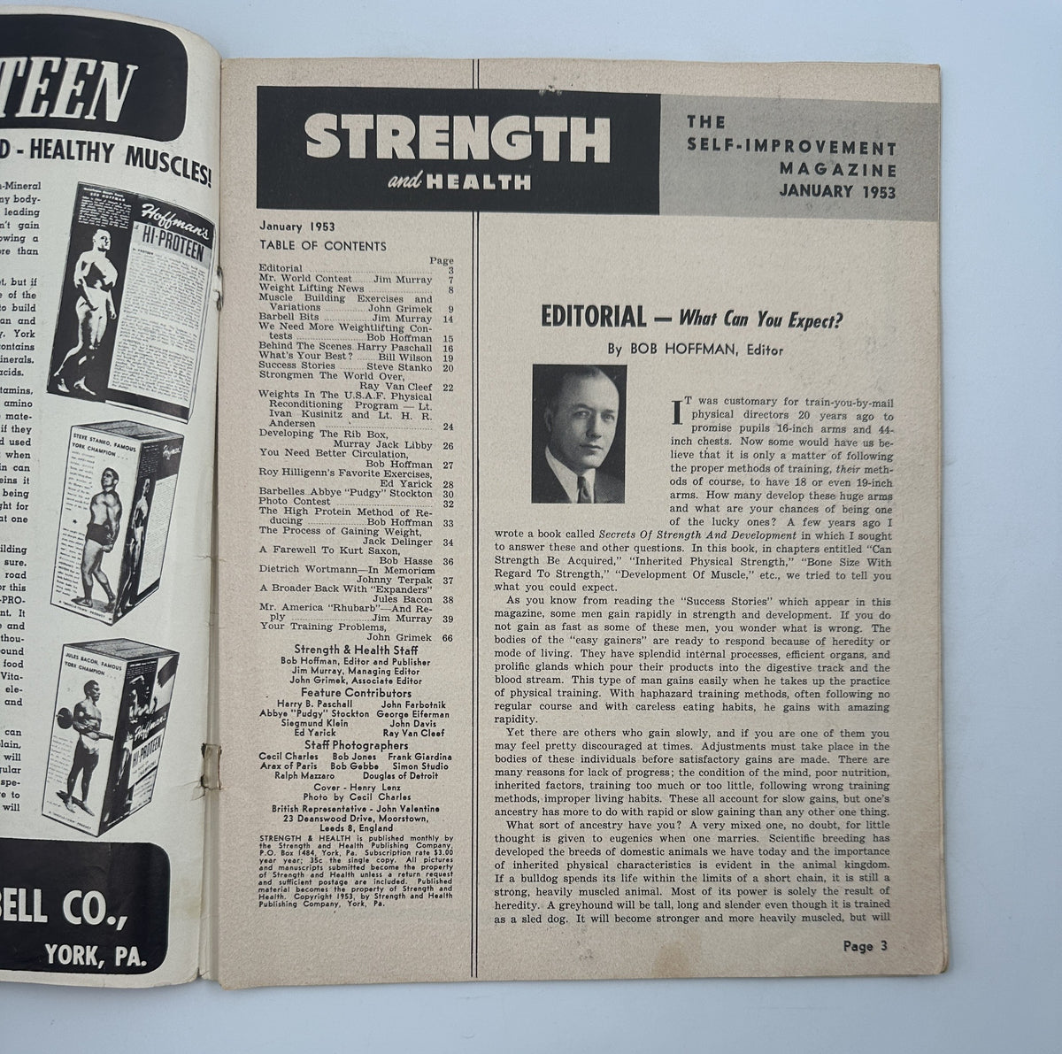Interior page of Strength and Health Magazine January 1953, including the editorial by Bob Hoffman and a table of contents.