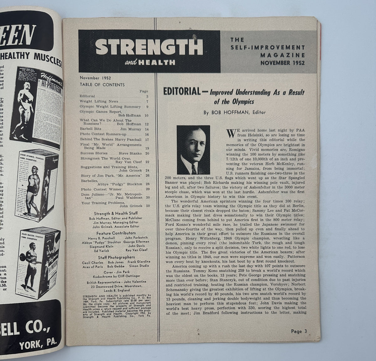 Inside page of Strength and Health Magazine, November 1952, featuring an editorial by Bob Hoffman discussing the impact of the Olympics on weightlifting.