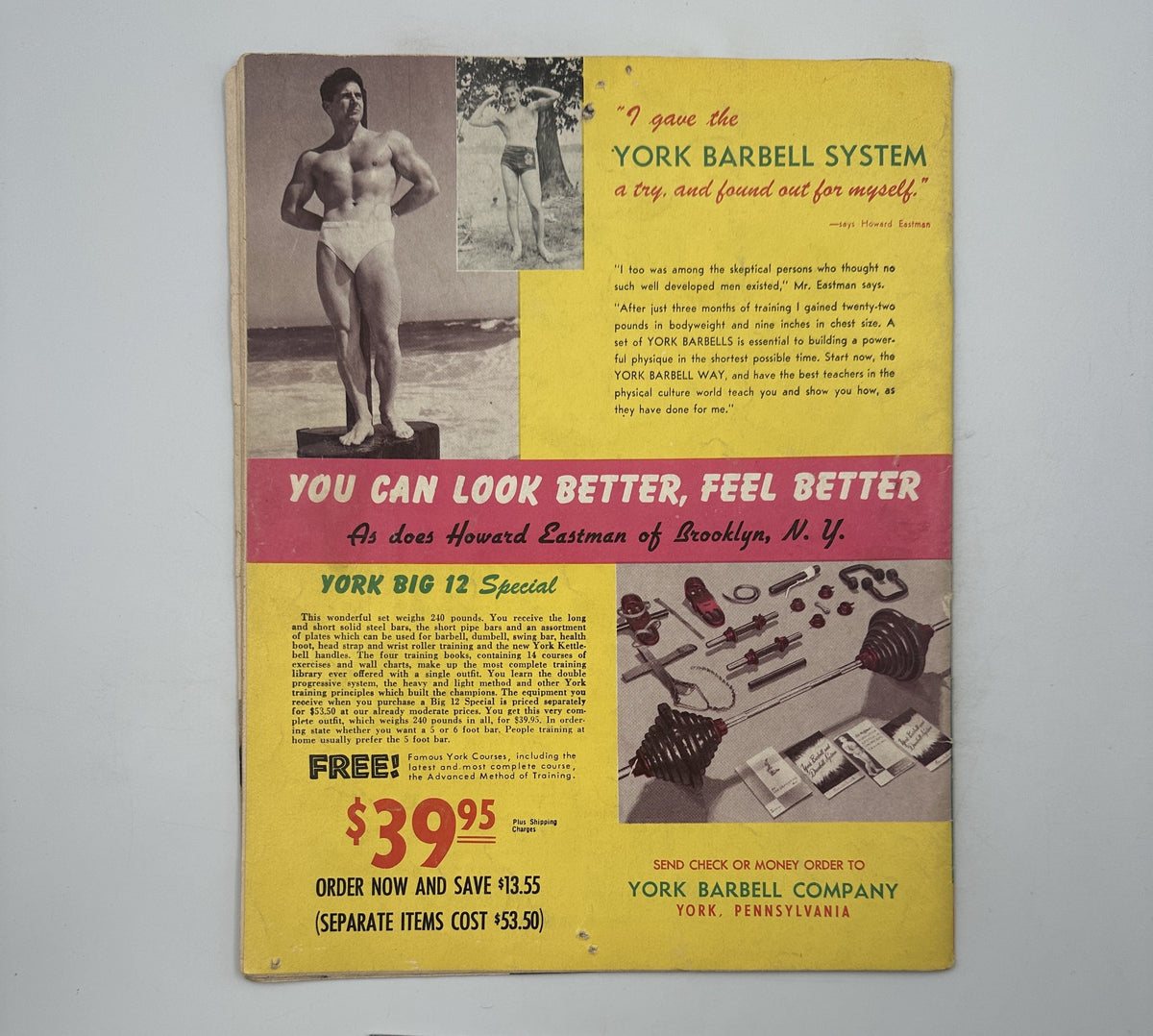 Back cover of Strength and Health Magazine November 1952 featuring a fitness advertisement for York Barbell Company, promoting the York Barbell System. The cover showcases a muscular man and highlights a special offer, enhancing the topic of bodybuilding from the magazine's title.