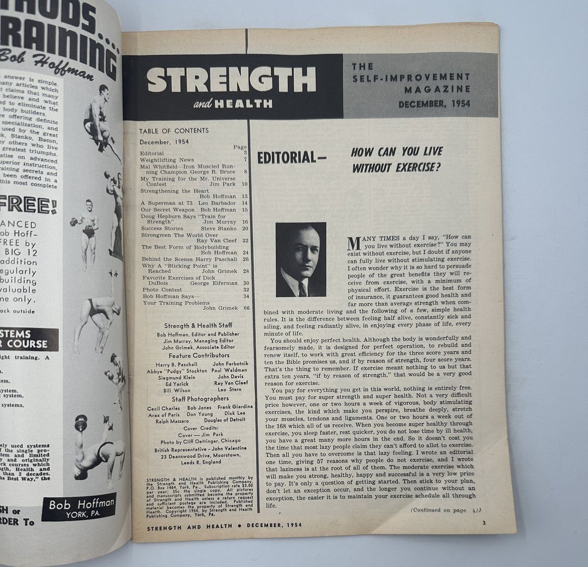 Inside page of Strength and Health Magazine December 1954 showcasing the editorial section and table of contents.