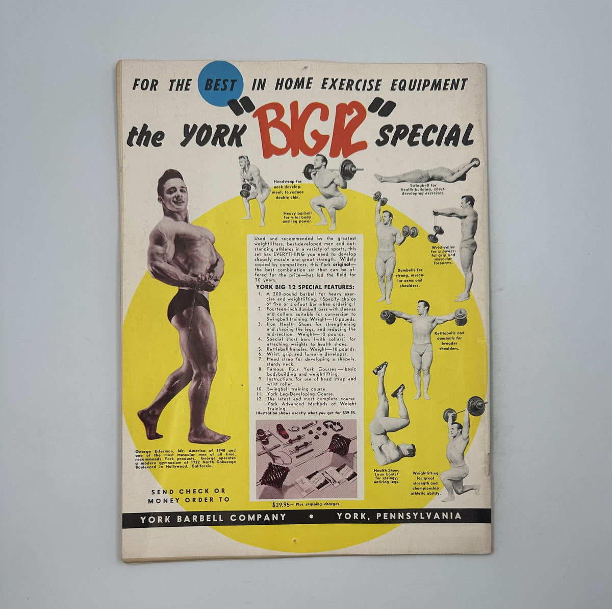 Back cover of Strength and Health Magazine December 1954 promoting York Barbell exercise equipment with illustrated workout options.