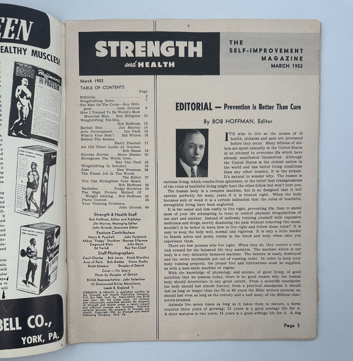 Strength and Health Magazine March 1953, featuring the Table of Contents and an editorial by Bob Hoffman. The image showcases the inside page with articles on weightlifting and fitness.