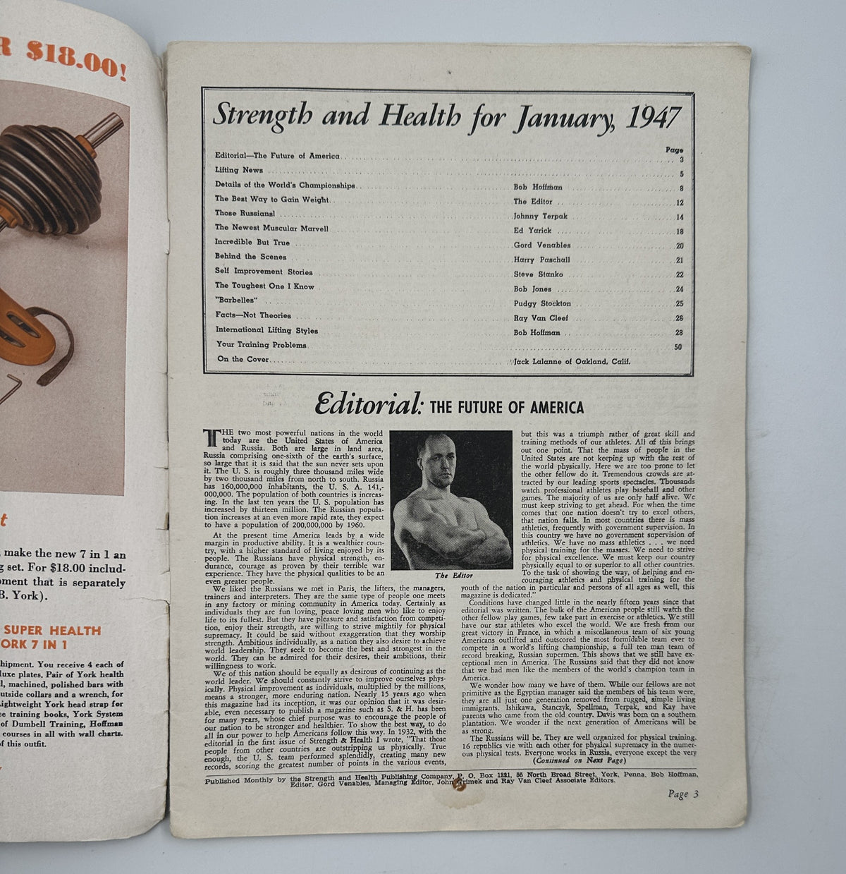 Inside page of Strength and Health Magazine, January 1947, displaying the Table of Contents and an editorial titled 'The Future of America'.